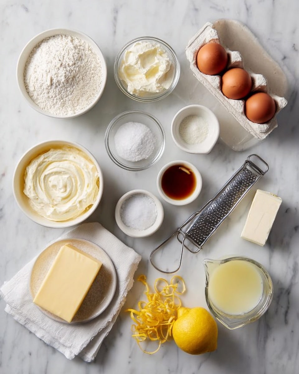 The image shows several baking ingredients arranged on a white marbled surface. There is a white bowl filled with flour placed at the top left, a small glass bowl with white powder, and an egg tray holding three brown eggs. Next to it, a white bowl is filled with cream cheese. Below, a white bowl with sugar is centered, near a small dish with vanilla extract, and two smaller bowls containing baking soda and salt. A white butter dish holds a stick of butter, and a metal grater is placed beside a fresh whole lemon and half a squeezed lemon, with lemon zest on a white cloth next to them. A clear glass measuring cup contains lemon juice. The layout is neat and clear. Photo taken with an iphone --ar 4:5 --v 7