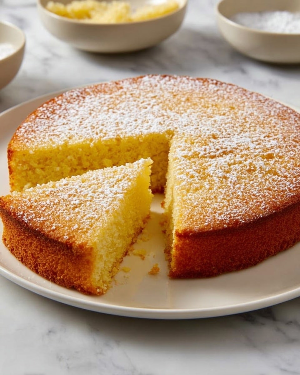 A single-layer round yellow cake with a golden brown crust sits on a white plate. The cake has a soft, slightly crumbly texture with a fine grain. One triangular slice is pulled out from the whole cake and placed slightly forward, showing the moist inside. The cake’s top is dusted with a light layer of powdered sugar, adding a touch of white contrast. The scene is set on a white marbled surface with blurred bowls in the background. Photo taken with an iphone --ar 4:5 --v 7