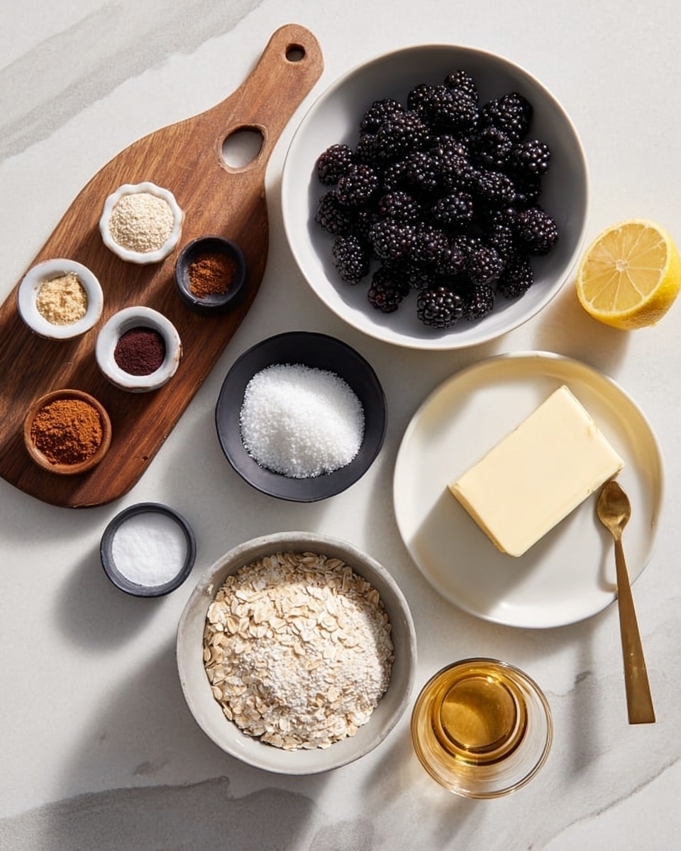 The image shows several small white bowls on a white marbled surface, each containing different ingredients. One bowl is filled with blackberries that are dark purple and textured, placed at the top right side. Below it, there is a white plate with a rectangular piece of pale yellow butter. To the left of the butter, a small black bowl holds white granulated sugar. Above that, a light gray bowl contains white flour. To the left of the flour, a black bowl is filled with light beige rolled oats. At the top left, a wooden cutting board holds three small white bowls: one with brown sugar, one with reddish brown cinnamon powder, and one with white baking powder. Beside the cutting board, there is a half lemon with a light yellow color and smooth texture. On the far right, a small clear glass bowl holds a gold spoon with honey. The whole setup is bright with natural light. Photo taken with an iphone --ar 4:5 --v 7