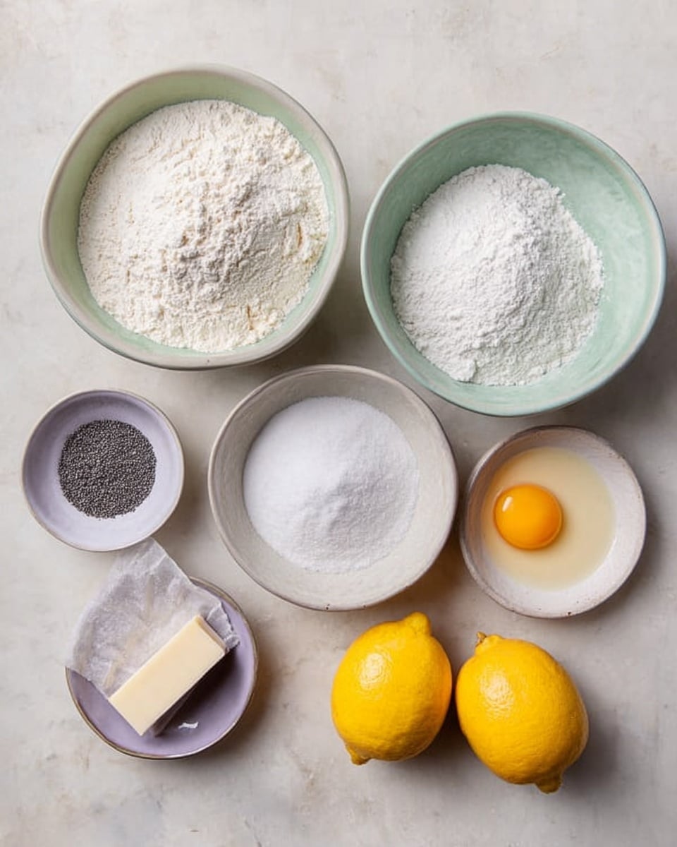 The image shows a top view of several white and light green bowls arranged on a white marbled surface. One large light green bowl at the top left holds white flour, while another large light green bowl to the right contains white powdered sugar. A smaller white bowl at the bottom center is filled with white granulated sugar. To the bottom left, a small light purple bowl holds tiny black poppy seeds next to a small white plate containing baking powder and salt. To the right of the sugar bowl, a small white bowl holds a single raw egg yolk with its clear white around it. Near the bowls, there is a stick of butter wrapped in paper and two whole yellow lemons placed on the right side. The whole setup is clean and simple, shot with natural light. Photo taken with an iphone --ar 4:5 --v 7