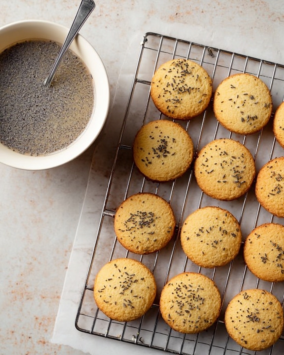 The image shows one layer of round, light golden cookies with small black seeds on top, placed in three rows on a silver wire cooling rack. At the top left corner, there is a white bowl with a spoon inside, filled with a grayish liquid mixed with small black seeds. The entire scene is set on a white marbled textured surface. photo taken with an iphone --ar 4:5 --v 7
