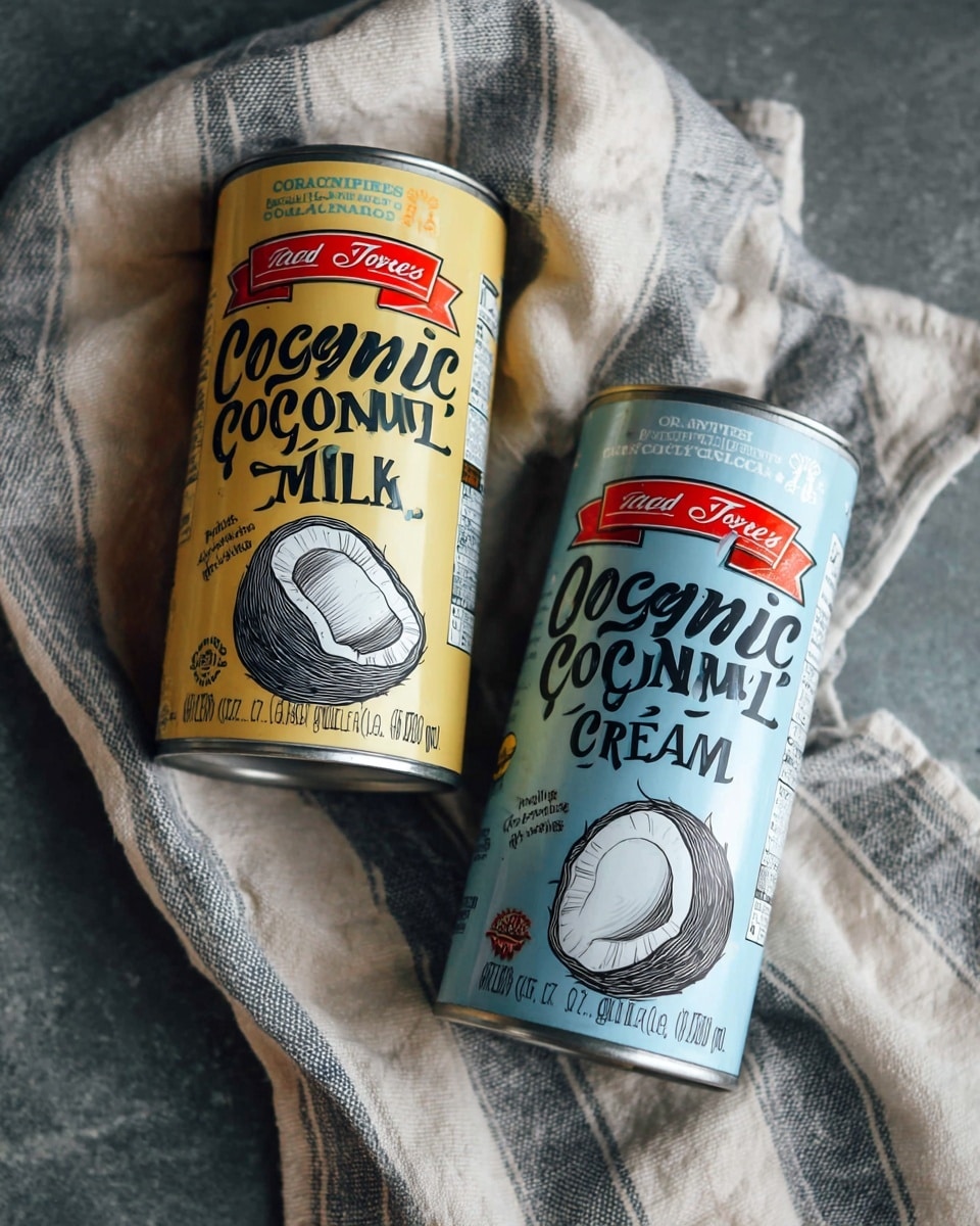 The image shows two cans lying on a soft, beige cloth with gray stripes, placed on a dark gray surface. One can is yellow with the words