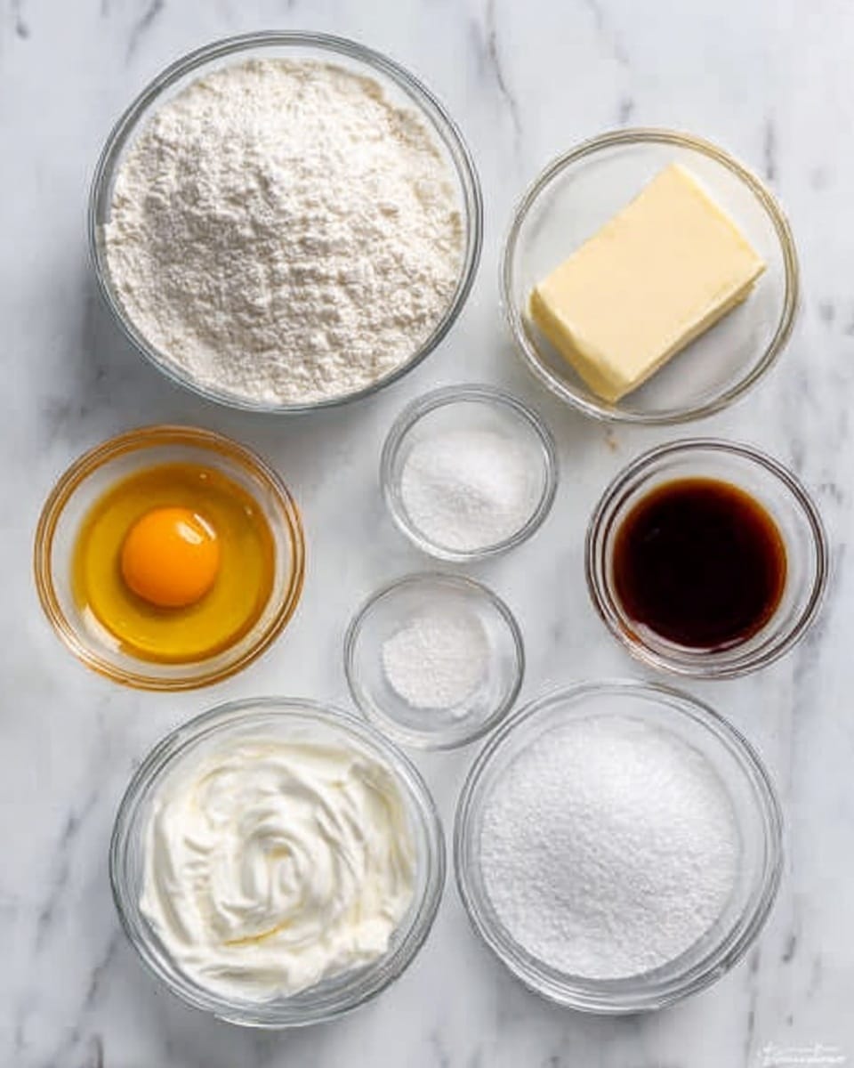 The image shows seven clear glass bowls arranged on a white marbled surface. One large bowl at the top center holds white flour with a textured, powdery look. Below it, to the left, a small bowl contains a raw egg yolk with a smooth, shiny surface and a yellow-orange color. Next to it on the right, a bowl with dark brown vanilla extract appears glossy and liquid. To the right of the vanilla, a square block of pale yellow butter rests, with a smooth texture. Below the egg yolk, a bowl of white thick sour cream or yogurt shows a creamy, slightly uneven texture. To the right of that, a bowl contains white granulated sugar with a sparkling, grainy texture. In front of the sugar bowl, a very small bowl with clear salt crystals and another with white powdery baking soda or baking powder are placed close together. Photo taken with an iphone --ar 4:5 --v 7