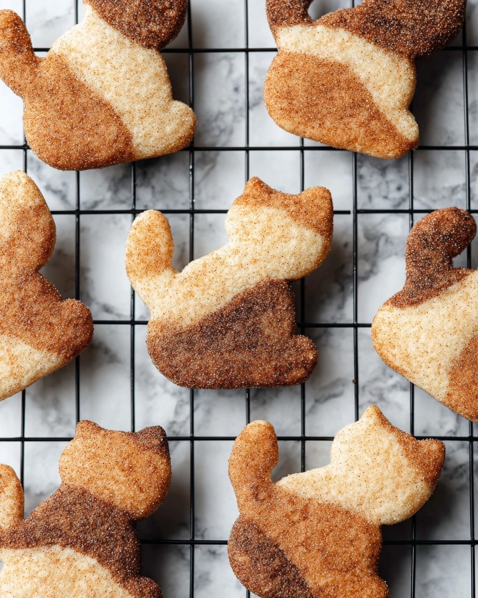 Several cat-shaped cookies with uneven brown and light beige patches lie on a black metal cooling rack over a white marbled surface. The cookies have a rough texture with visible sugar crystals and slightly puffed edges, creating a handmade look. Each cookie shows a mix of darker cinnamon-brown spots and lighter baked dough areas in irregular patterns. photo taken with an iphone --ar 4:5 --v 7