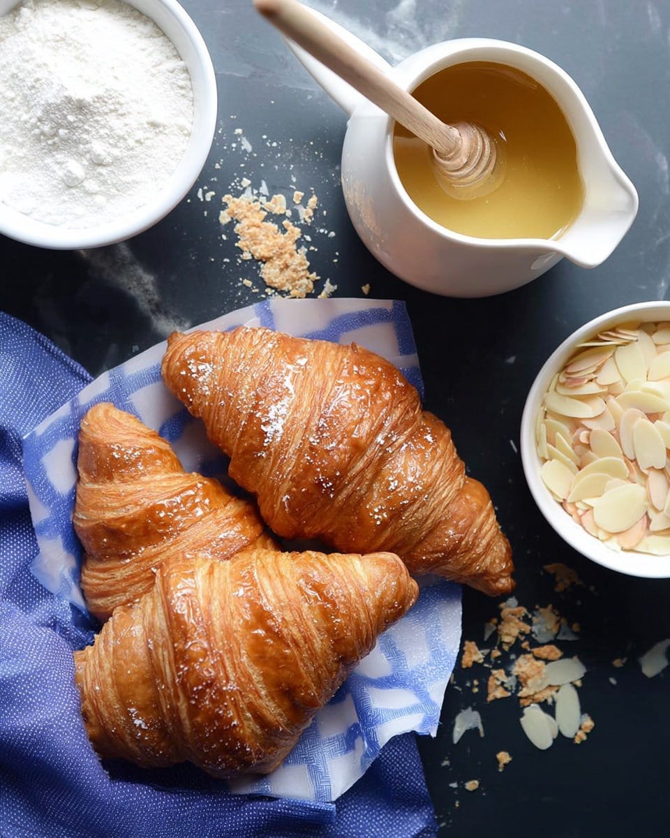 The image shows three golden brown croissants with a shiny, crispy crust wrapped in a blue and white paper on a dark surface, surrounded by small flaky crumbs. On the top left is a white bowl filled with white powdered sugar. On the right side, there is a white pitcher containing honey with a wooden brush resting inside it. Below the pitcher is a white bowl filled with thin, pale almonds slices. The whole setup is arranged on a white marbled surface. photo taken with an iphone --ar 4:5 --v 7