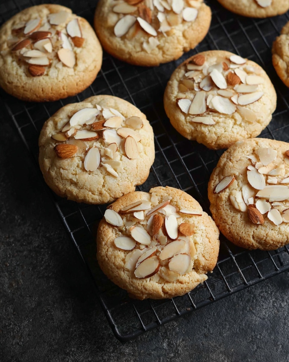 Seven round cookies with a light golden-brown color are shown on a black cooling rack. Each cookie is topped with scattered slices of pale beige and brown almonds. The cookies have a soft, slightly cracked texture on the surface. The background is a dark surface, contrasting with the light cookies and almond slices. photo taken with an iphone --ar 4:5 --v 7
