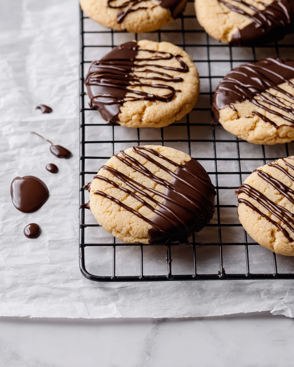 The image shows six round, light golden cookies with a soft texture resting on a black wire cooling rack. Three cookies are dipped halfway in smooth, dark chocolate coating, giving a thick glossy layer on one side, while the other three have thin dark chocolate drizzles across their tops in uneven lines. The rack sits on white parchment paper over a white marbled surface. A few small drops of chocolate are scattered around the cookies, adding a natural, casual look. photo taken with an iphone --ar 4:5 --v 7