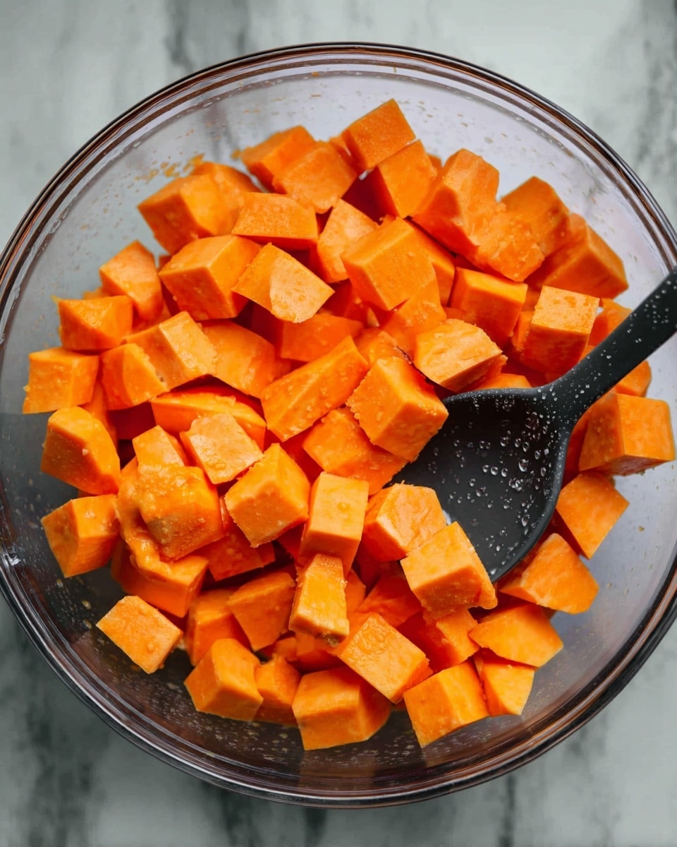 The image shows a clear glass bowl filled with medium-sized bright orange sweet potato cubes that have a smooth, slightly shiny texture. They fill the bowl almost to the top, and a black spoon with water droplets on it is resting inside the bowl, slightly submerged among the cubes on the right side. The bowl is placed on a white marbled surface. photo taken with an iphone --ar 4:5 --v 7