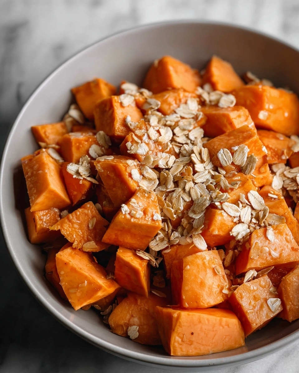 The image shows a white bowl filled with bright orange roasted sweet potato cubes that look soft and slightly shiny, topped with light beige rolled oats scattered over the potatoes, adding a rough texture. The bowl sits on a surface with a white marbled texture. The focus is closeup, capturing the details of the sweet potatoes and oats. photo taken with an iphone --ar 4:5 --v 7