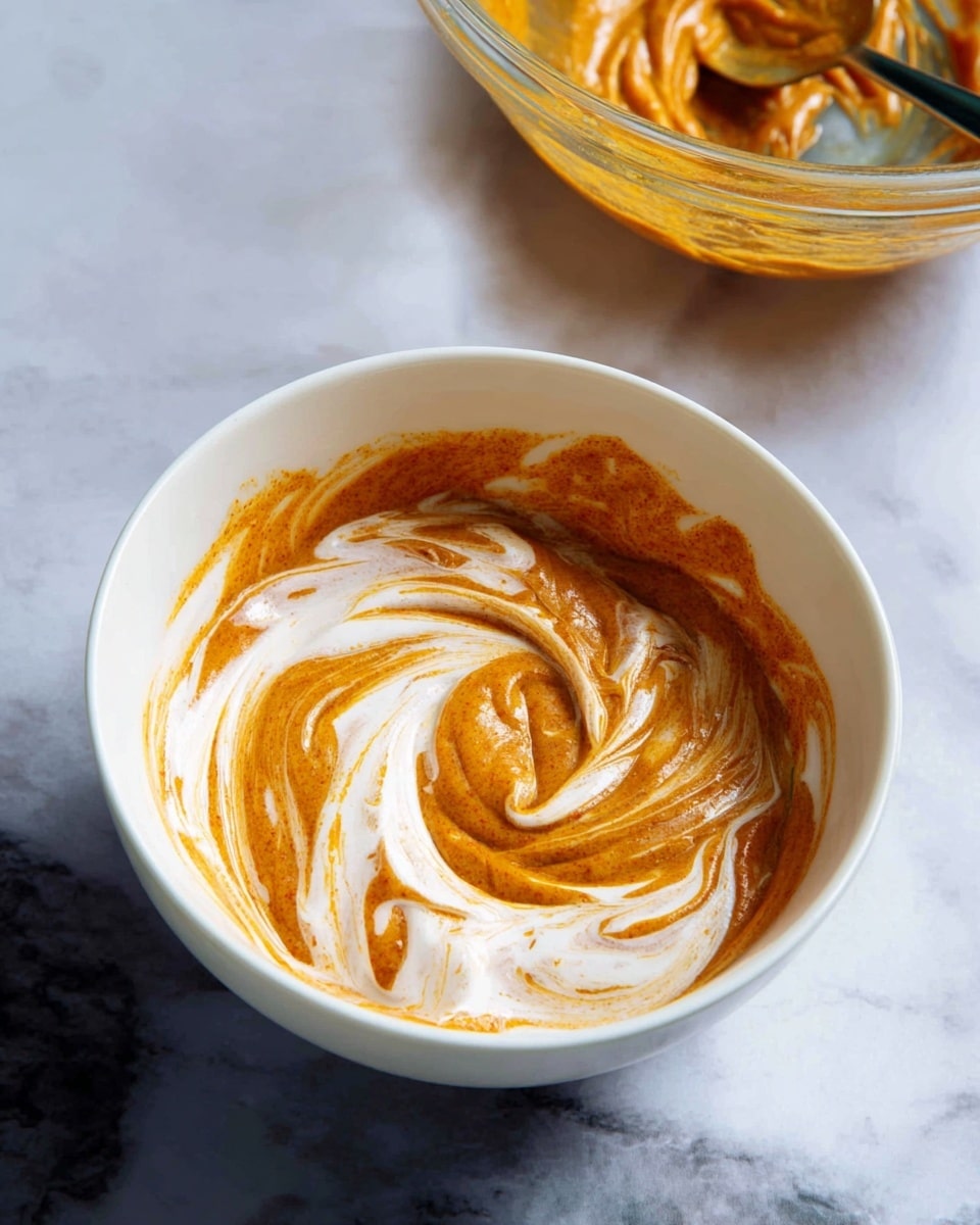 A white bowl holds a swirl of two sauces mixed together; the base sauce is a rich orange with a smooth, thick texture, and it is artfully blended with a creamy white sauce in a circular pattern, giving a marbled effect with soft curves and folds. In the background, a glass bowl with more of the orange sauce and a metal spoon rests on a white marbled surface. The lighting highlights the creamy texture and glossy finish of the sauces. photo taken with an iphone --ar 4:5 --v 7