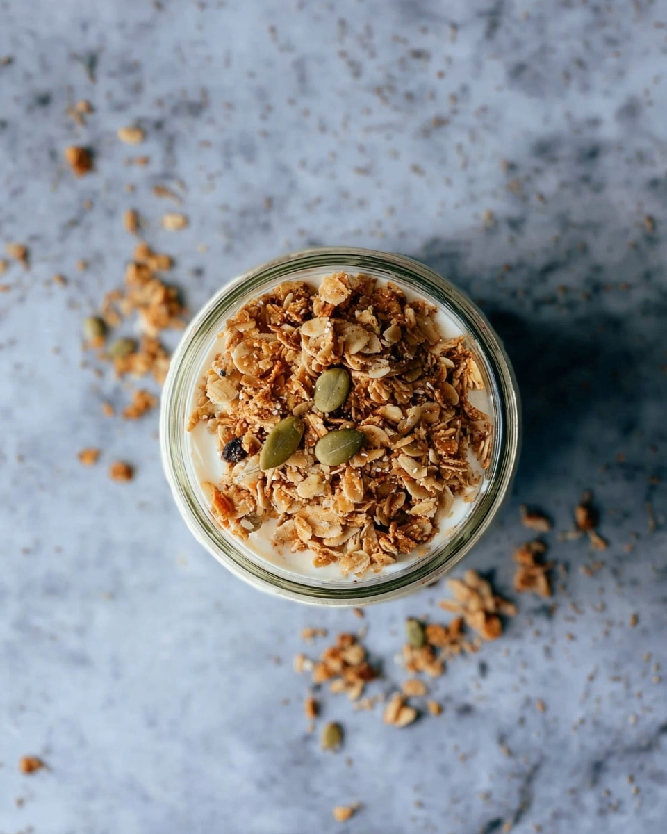 A clear glass jar filled with three layers is shown from above on a white marbled surface. The bottom layer is light beige yogurt visible through the jar. The top layer is a thick, textured mix of golden brown granola with oats and seeds scattered over the surface. Some granola bits are spilled around the jar on the white marbled surface. photo taken with an iphone --ar 4:5 --v 7