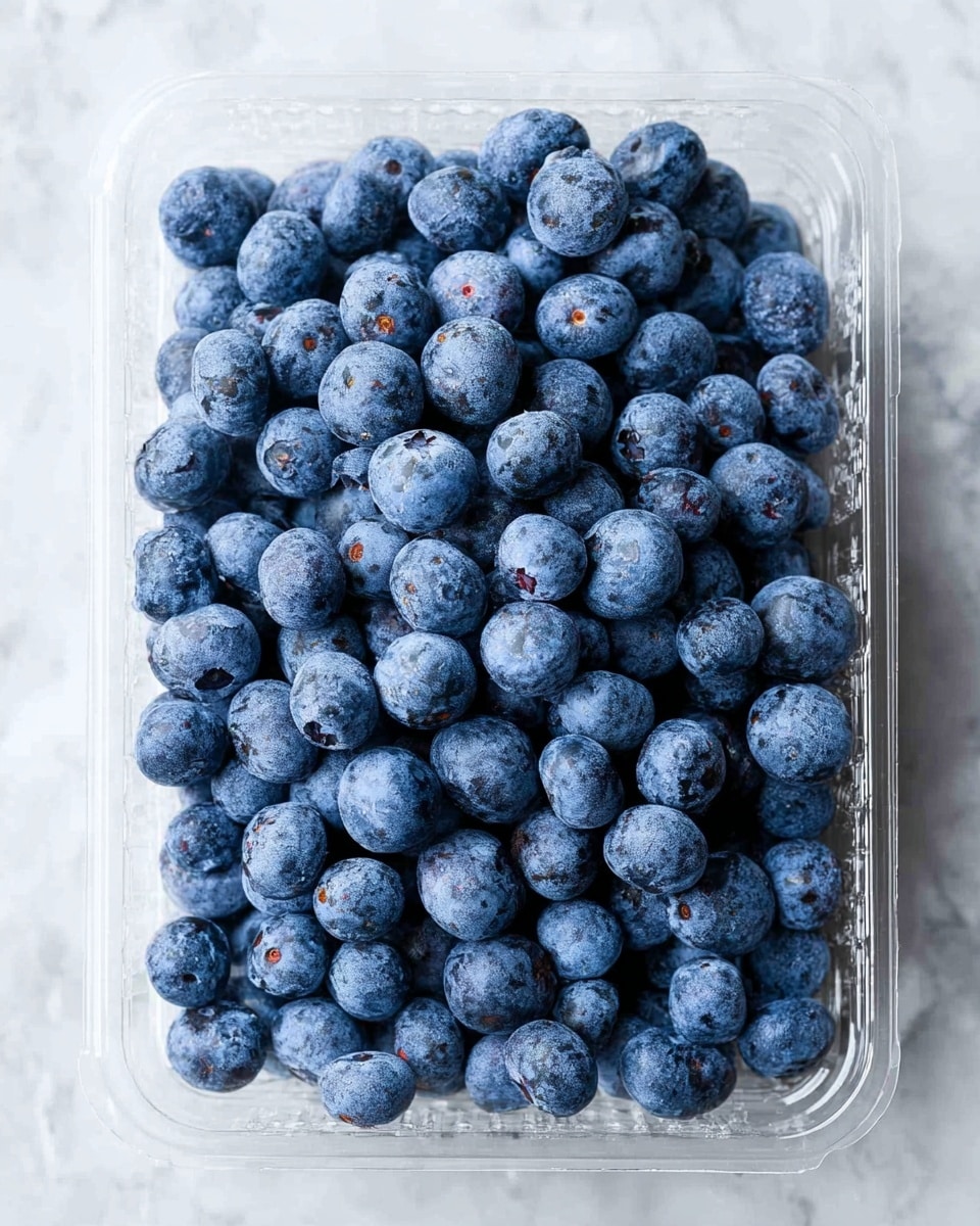A clear plastic container is filled with many round, plump blueberries that have a deep blue to violet color with a slightly frosted texture on their skin. The berries are piled evenly and cover the bottom of the container completely, with a few overlapping at the edges. The container is placed on a surface that has a white marbled texture. The photo is taken with an iphone --ar 4:5 --v 7