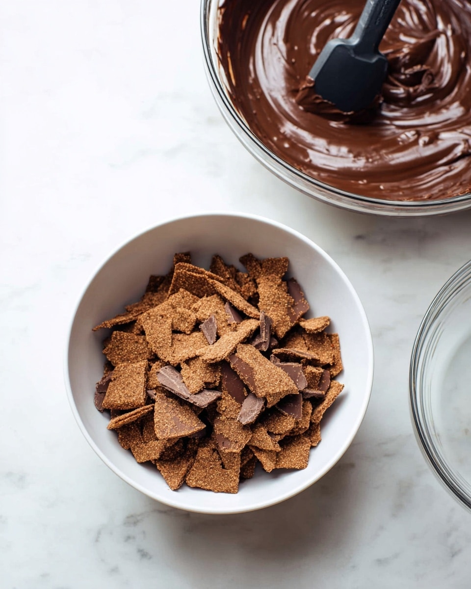 A white bowl filled with many broken brown crunchy pieces that look hard and crisp, sitting on a white marbled surface. Behind the bowl, there is a clear glass bowl with smooth, thick, dark brown chocolate mixture being stirred by a black silicone spatula, showing a swirl texture. To the right, another empty clear glass bowl is partly visible. The scene looks like the start of a dessert recipe with separate ingredients ready to mix photo taken with an iphone --ar 4:5 --v 7