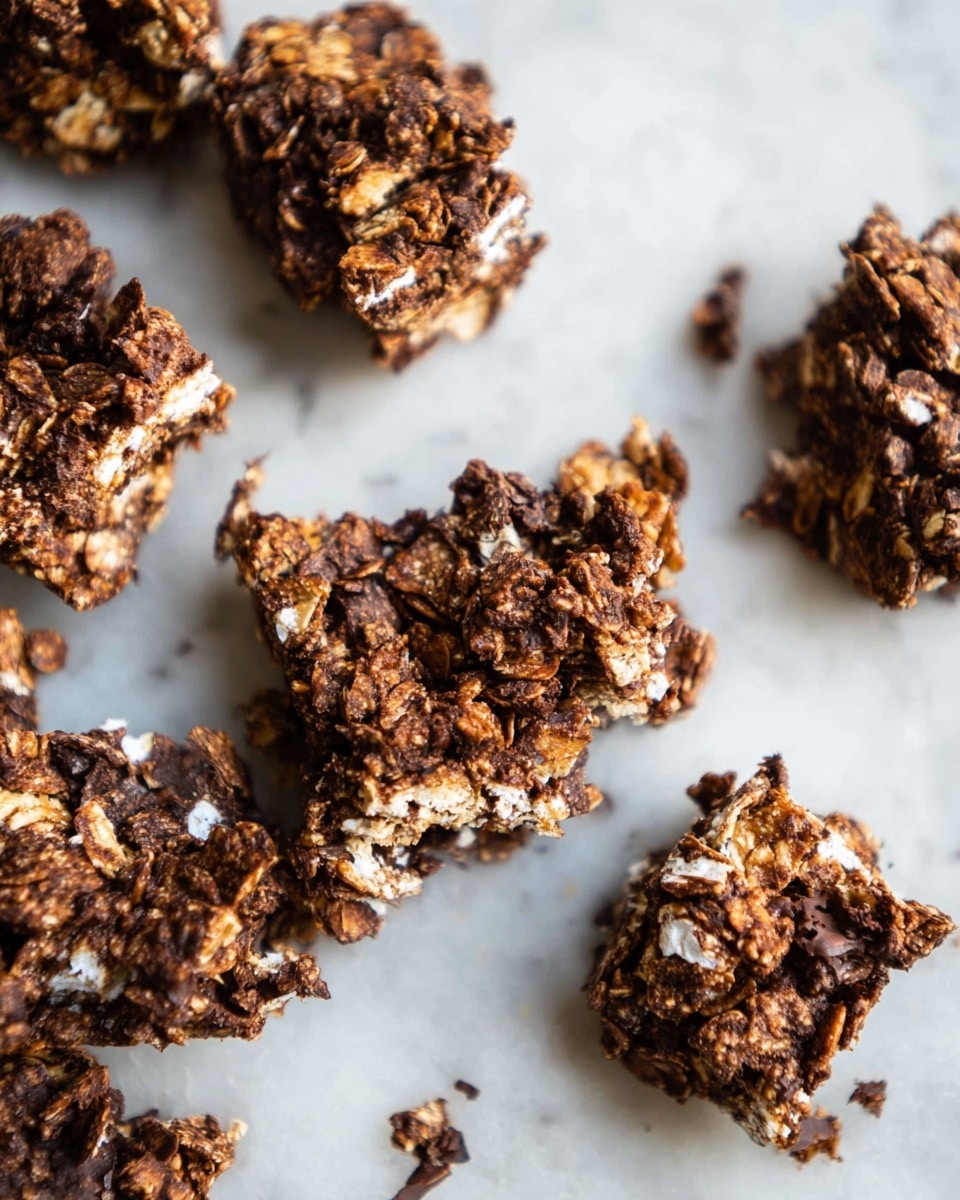 The image shows several broken pieces of a crunchy chocolate oat treat lying scattered on a white marbled surface. Each piece has a rough texture with layers of dark brown chocolate mixed with lighter tan oats, and some parts show white bits that look like marshmallows or puffed grains within the uneven chunks. The clusters vary in size and shape, with jagged edges and a mix of smooth and crumbly parts, giving a homemade, rustic feel. The lighting highlights the texture, making the chocolate layers glossy in some spots and matte in others. photo taken with an iphone --ar 4:5 --v 7