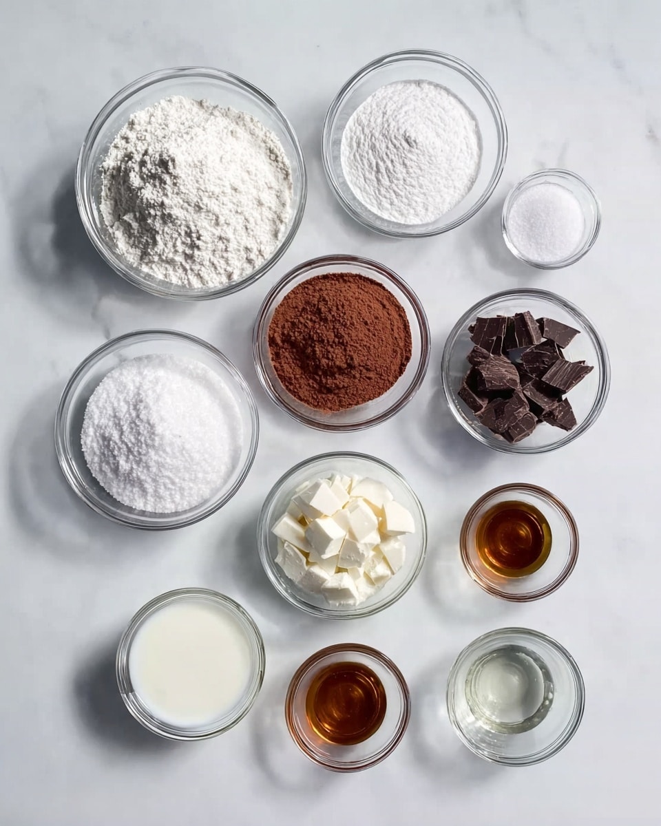 The image shows a white marbled surface with 10 clear glass bowls and cups arranged neatly. The top row has three bowls: one with white flour, one with powdered sugar, and one with brown cocoa powder. Below them, there are smaller bowls with white sugar, milk, and chopped dark chocolate. At the bottom, three small clear bowls hold liquids: vanilla extract, water, and another clear liquid. Everything is well spread out and easy to see, with soft lighting highlighting the textures of each ingredient. Photo taken with an iphone --ar 4:5 --v 7