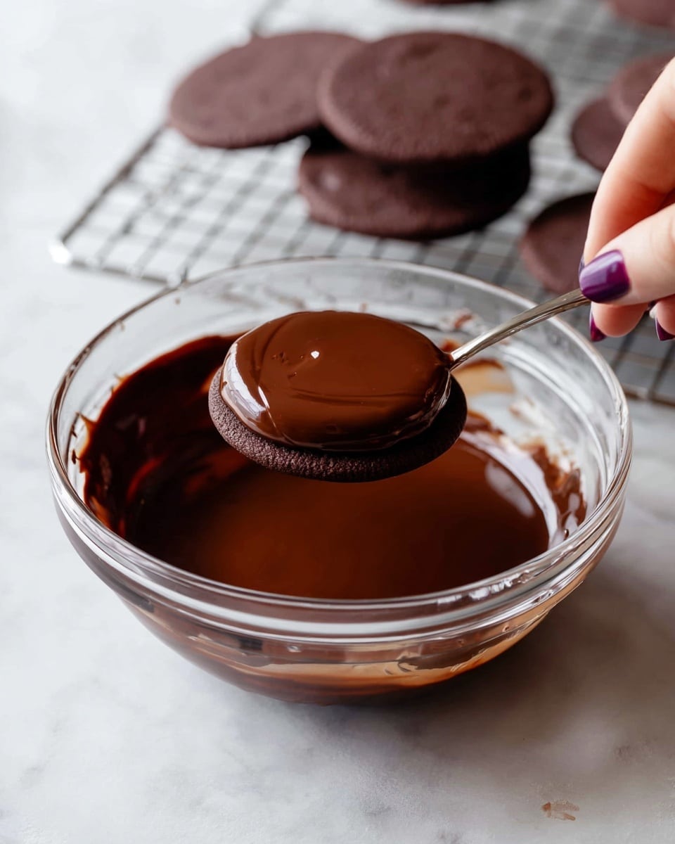 A close-up view of a clear glass bowl filled with smooth, melted dark brown chocolate. A spoon holding a round, flat chocolate cookie coated in the same shiny, rich chocolate is held above the bowl by a woman's hand with purple nail polish. In the background, two uncoated dark brown cookies rest on a white wire cooling rack, placed on a white marbled surface. The scene focuses on the glossy texture of the melted chocolate and the layering of the coated cookie above the bowl photo taken with an iphone --ar 4:5 --v 7