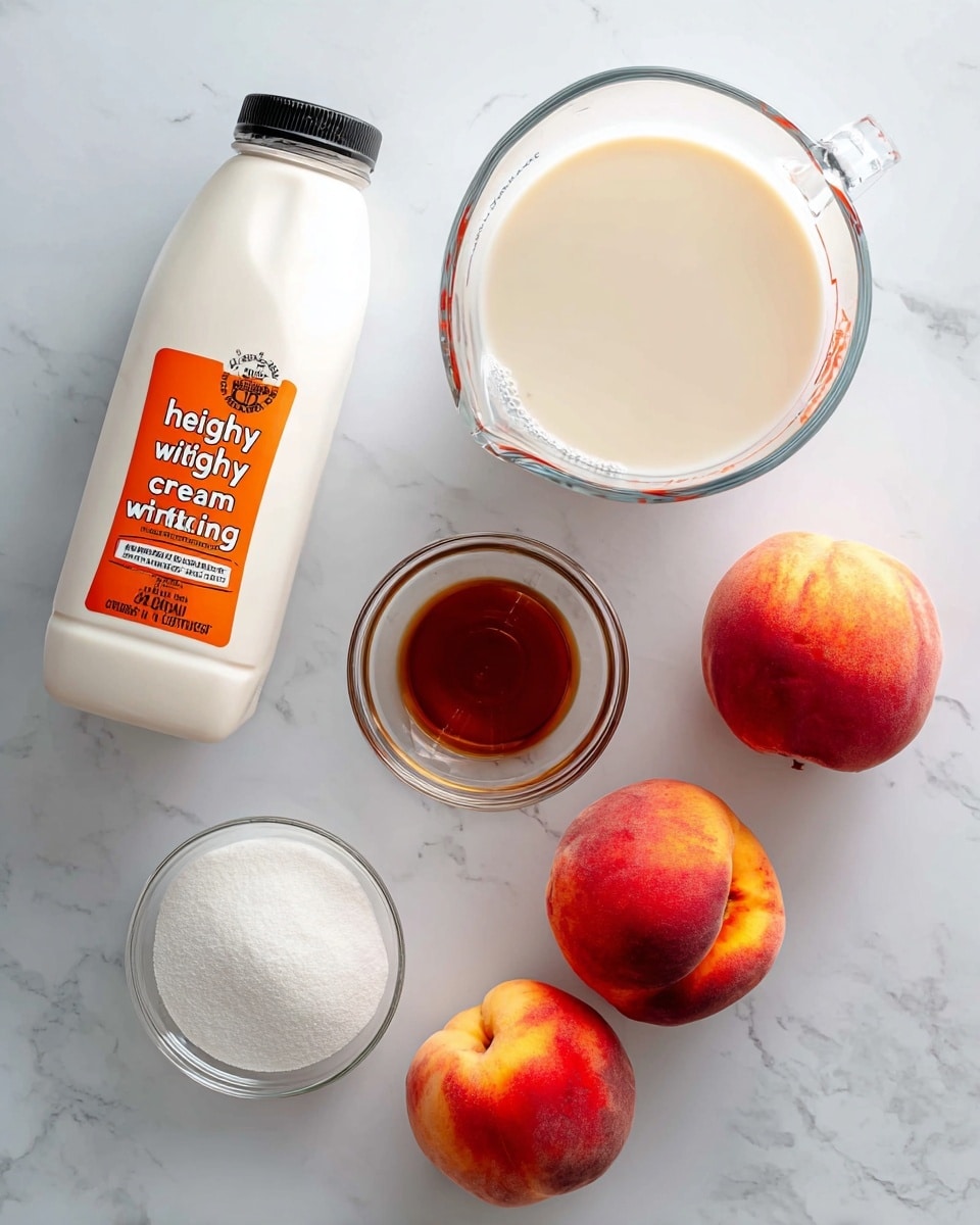 The image shows ingredients neatly arranged on a white marbled surface. On the left is a tall, mostly white bottle with bright orange and black details labeled heavy whipping cream. Near the top center, there is a clear glass measuring cup filled halfway with whole milk, showing a smooth, pale creamy liquid inside. To the right are four fresh peaches with soft orange, red, and yellow skin, some with natural dimples and fuzz. Below these are a small clear glass bowl of white sugar with a fine, grainy texture and a tiny clear bowl with amber-colored vanilla extract. Each ingredient is clearly separated, clean, and simple in presentation. Photo taken with an iphone --ar 4:5 --v 7