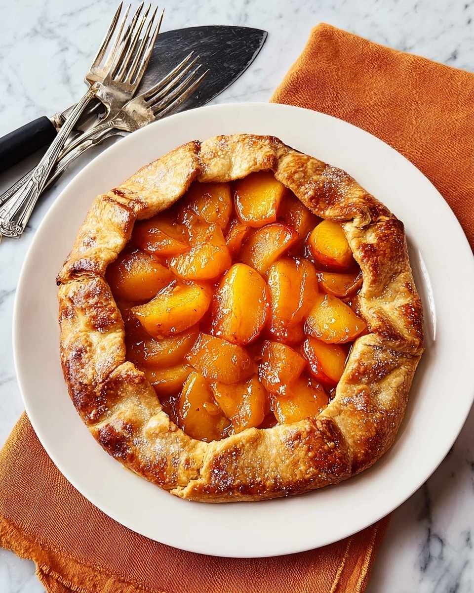 A rustic open-faced tart is placed on a white plate, showing one thick outer layer of golden-brown, flaky crust folded inward unevenly around the edge. Inside the crust is a layer of glossy, warm orange peach slices arranged closely together in a circular pattern, showing some syrupy glaze that shines under the light. The plate sits on a white marbled surface with an orange cloth napkin nearby, holding a pie server with a black handle and several silver forks stacked together. The photo taken with an iphone --ar 4:5 --v 7