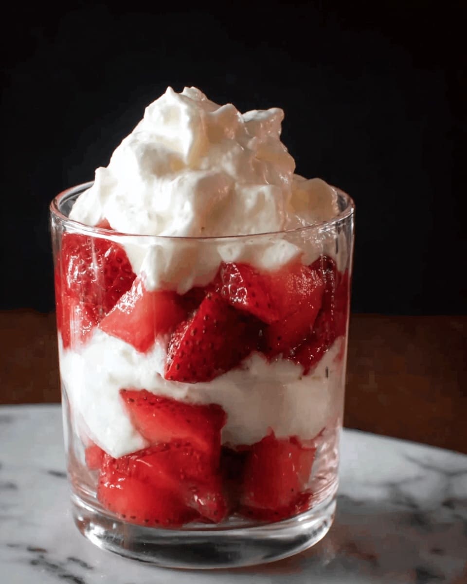 The image shows a clear glass filled with three layers: the bottom layer is small red strawberry pieces with visible seeds and a slightly juicy texture, the middle layer is white whipped cream with a soft and fluffy texture, and the top layer is more strawberry pieces with a bright red color and some juice. On the very top, there is a dollop of white whipped cream that looks light and airy. The glass is placed on a white marbled surface with a dark black background. photo taken with an iphone --ar 4:5 --v 7