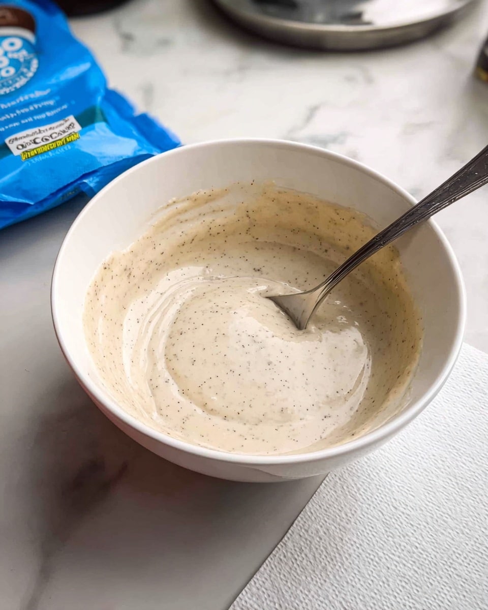 A white bowl holds a creamy, light beige batter with small dark specks mixed throughout, showing a smooth and thick texture. A silver spoon rests inside the batter, partially submerged and coated with the mixture. The bowl sits on a white marbled surface with a partially visible blue package labeled 100% cocoa nearby. In the background, a paper towel and other kitchen items can be seen. The overall scene shows the batter ready for the next step in baking or cooking. photo taken with an iphone --ar 4:5 --v 7