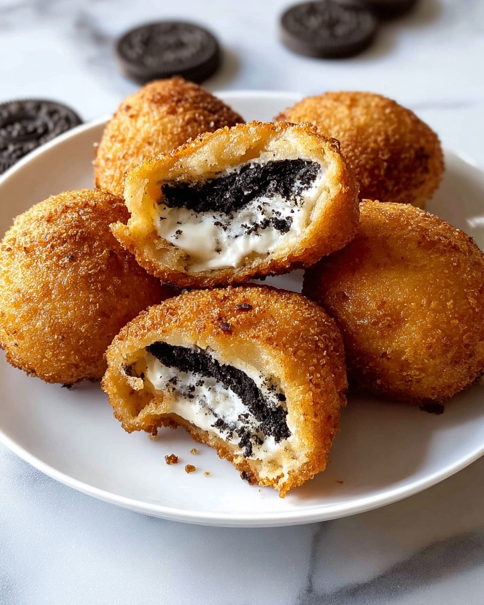 A white plate holds five pieces of deep-fried treats, each golden brown and round with a crispy texture. Two pieces are cut in half and placed on top, showing two layers inside: a dark black layer in the middle, likely a cookie, sandwiched by a white cream layer on each side, all surrounded by the golden brown fried batter. The plate is on a white marbled surface with some chocolate sandwich cookies nearby. The lighting highlights the crispiness and soft inside of the fried treats. photo taken with an iphone --ar 4:5 --v 7