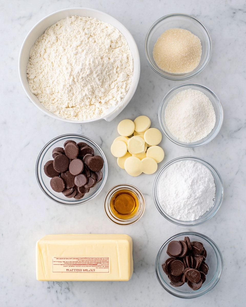 The image shows a white marbled surface with several baking ingredients neatly arranged. In the top right, there is a large glass bowl filled with light beige all-purpose flour. To its left is a clear measuring cup holding whole milk, with a black handle visible. Below the milk, there is a small clear bowl filled with white sugar. Next to the sugar is a rectangular stick of salted butter with a pale yellow color. Below the butter is a dark bottle of lemon extract with a red cap and a white label. To the right side of the image are two white eggs placed in a small clear bowl. Below the eggs is another small clear bowl holding bright yellow lemon zest. At the bottom left corner, a tiny clear bowl contains white baking powder. Everything is spaced evenly on a white marbled surface. Photo taken with an iphone --ar 4:5 --v 7