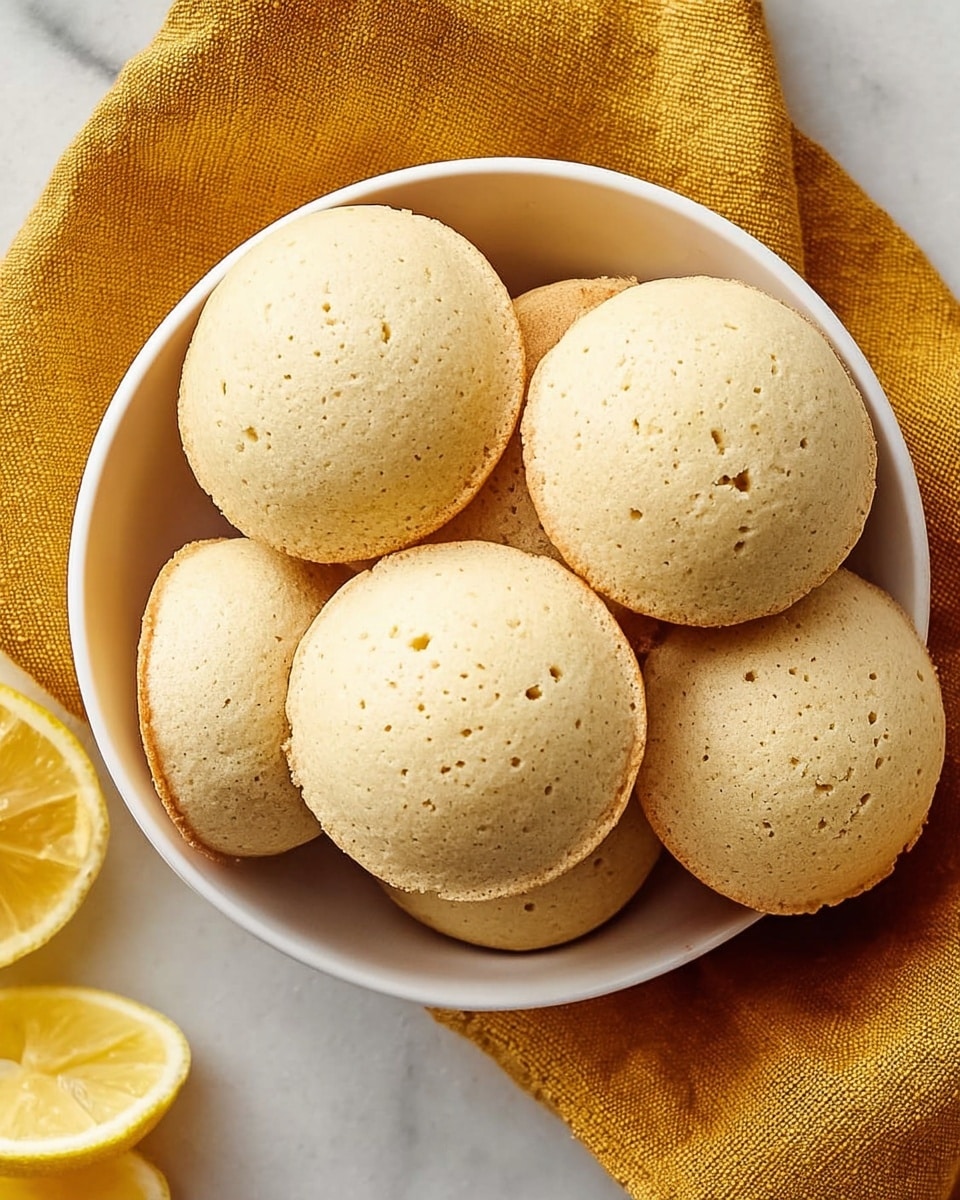 The image shows a white bowl filled with seven round, light beige cookies or small cakes. Each cookie has a smooth, slightly domed top with small specks or tiny holes scattered across the surface. The sides of the cookies have a slightly browned texture, giving a contrast to the pale tops. The bowl is placed on a mustard yellow cloth that adds a warm color accent, all set on a white marbled surface. A sliced lemon wedge is partially visible in the lower left corner, adding some fresh yellow and textured detail to the scene. photo taken with an iphone --ar 4:5 --v 7