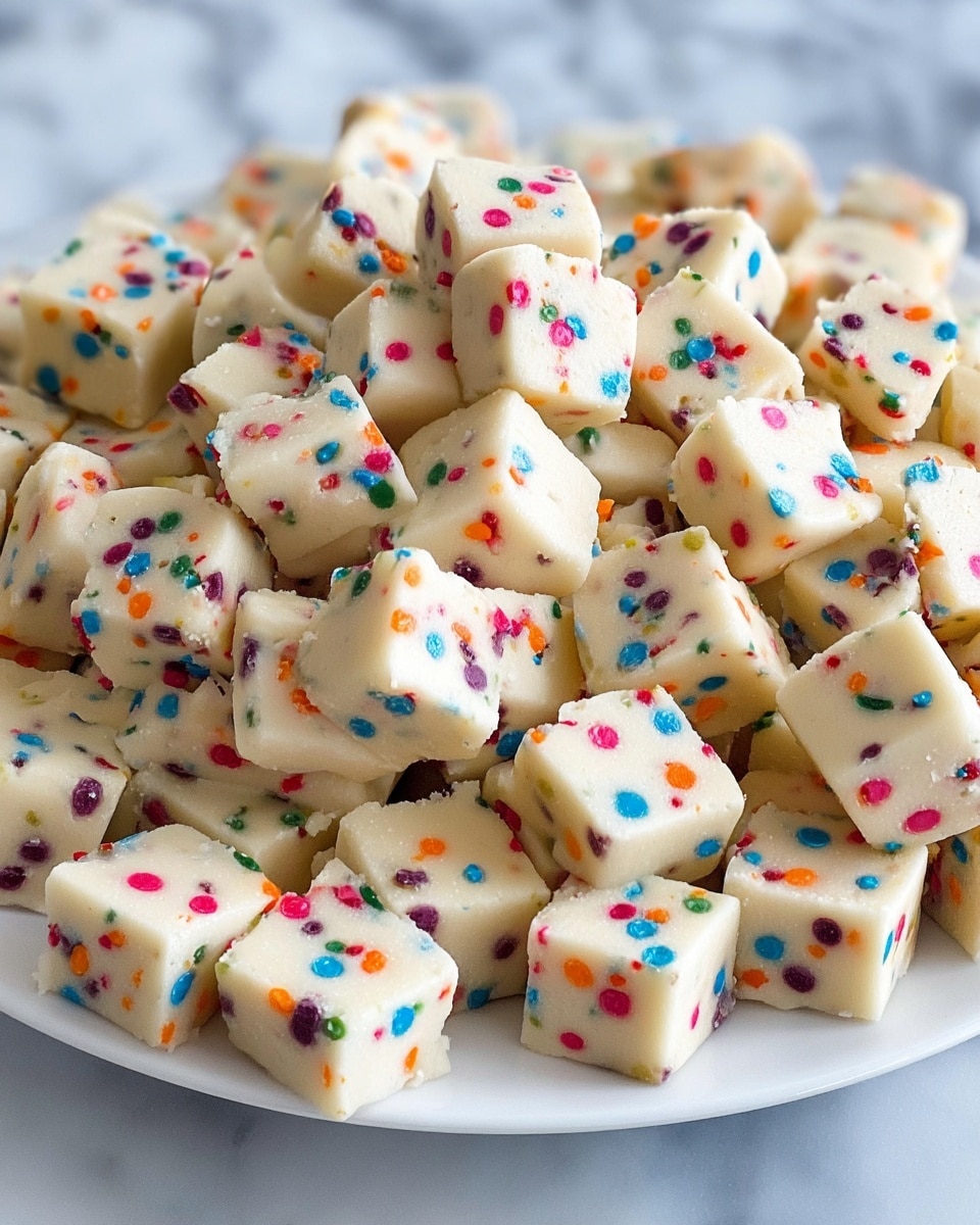 The image shows many small white square pieces of cookie dough with colorful round sprinkles inside and on top, all piled together on a white plate. The cookies have a soft, smooth texture with bright specks of red, blue, green, yellow, orange, and purple, giving a fun and festive look. The plate rests on a white marbled surface, making the colors stand out clearly. photo taken with an iphone --ar 4:5 --v 7