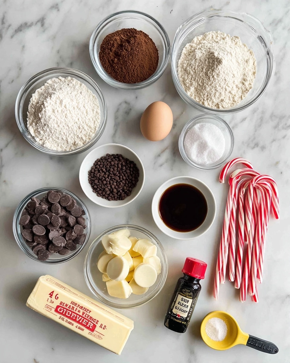 A top view of baking ingredients placed on a white marbled surface, including clear glass bowls with white flour, white and brown sugar, cocoa powder, chocolate chips, and white chocolate discs; a small bowl with dark brown coffee grounds and another with vanilla extract; a stick of butter labeled