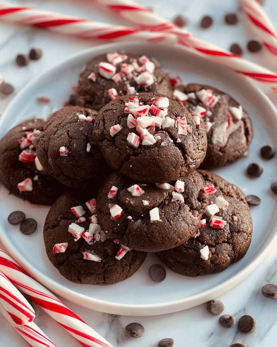 A white plate holds a pile of six dark brown chocolate cookies, each topped with small pieces of white and red peppermint candy. The cookies have a soft, slightly cracked texture and are arranged with some overlapping, showing all their round shapes. Around the plate, red and white striped peppermint sticks lay on a white marbled surface, along with scattered dark chocolate chips. One cookie in the bottom right has a bite taken out, revealing the soft inside. Photo taken with an iphone --ar 4:5 --v 7