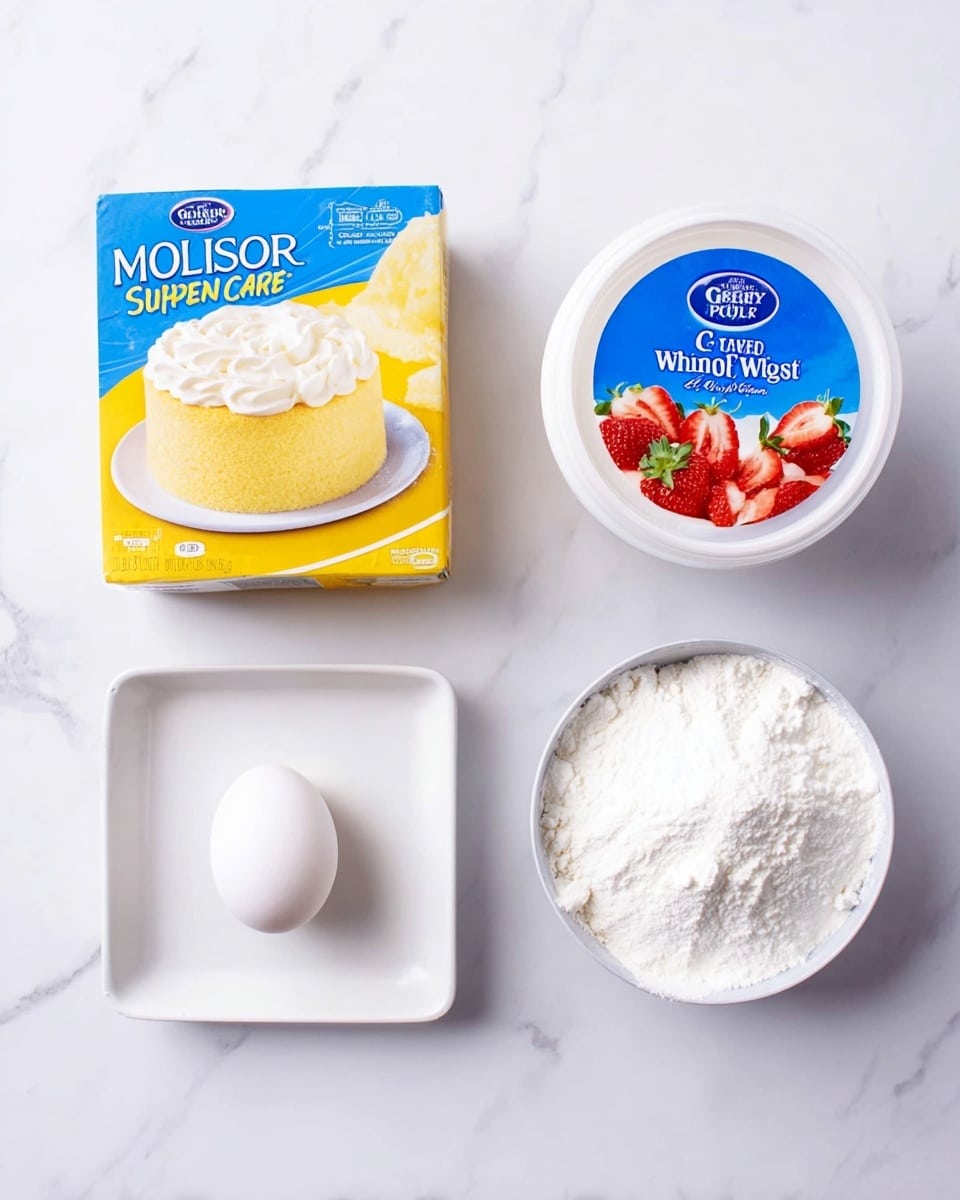 The image shows four items placed on a white marbled surface arranged in a neat square shape: on the top left is a blue and yellow box of Pillsbury Moist Supreme Lemon Cake Mix with an image of a two-layer yellow cake with white frosting on a white plate; on the top right is a white container of Great Value Whipped Topping with a blue label and an image of whipped cream over red strawberries; on the bottom left is a single white egg in a small white square dish; on the bottom right is a small white bowl filled with white powdered sugar photo taken with an iphone --ar 4:5 --v 7