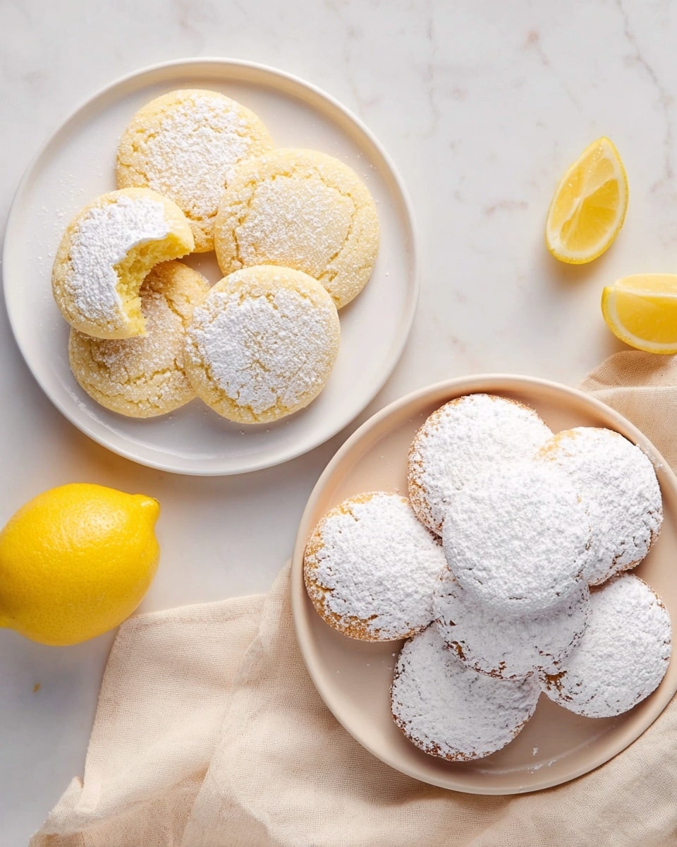 Two white plates of round cookies sit on a white marbled surface. The plate on the left holds five cookies; one cookie has a bite taken out of it, showing a soft yellow inside. These cookies are light golden with a dusting of powdered sugar. The plate on the right, placed on a white marbled surface, has eight cookies fully covered with powdered sugar, making them look white on top with a golden edge. A light beige cloth is under the plates, with two lemon wedges nearby. The scene is bright and soft. photo taken with an iphone --ar 4:5 --v 7