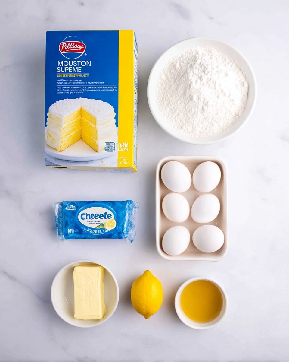 The image shows baking ingredients neatly placed on a white marbled surface. At the top left is a blue box of Pillsbury Moist Supreme lemon cake mix with a yellow strip and a picture of a two-layer lemon cake with white frosting. To the right of the box is a white bowl filled with white powder, likely powdered sugar. Below the box is a blue package of cream cheese. Next to it on the right is a white tray holding three white eggs. Below them is a stick of salted butter in pale yellow wrapping, and to its right is a small white bowl filled with golden liquid, possibly vanilla extract. A single bright yellow lemon is placed between the powder bowl and the eggs. All items are arranged in a clean, simple way on the white marbled surface. photo taken with an iphone --ar 4:5 --v 7