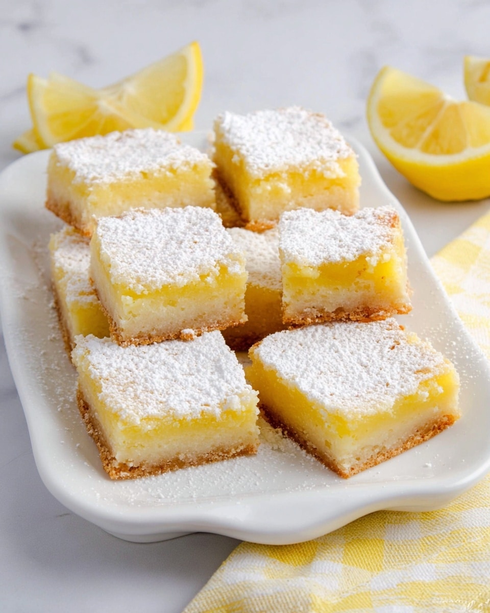 The image shows eight square lemon bars arranged in two rows on a white scalloped plate; each bar has two layers: a light golden brown bottom crust and a thick pale yellow lemon filling on top, all dusted with a fine layer of white powdered sugar. The plate sits on a white marbled surface with a yellow and white checkered cloth partially visible on the right side, and there are two lemon wedges placed next to the bars, one near the top left corner and one near the bottom right corner of the plate. photo taken with an iphone --ar 4:5 --v 7