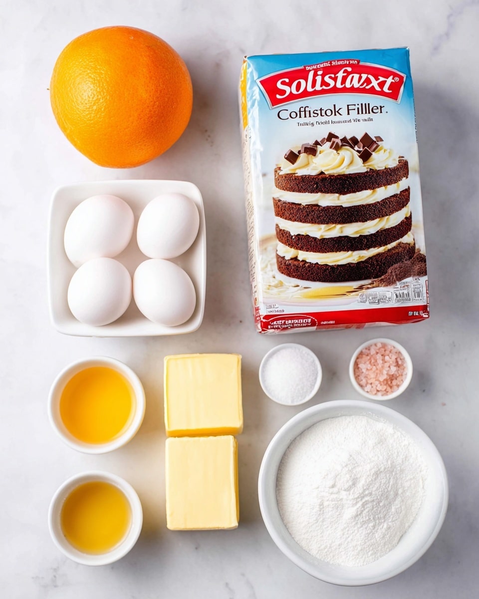 The image shows baking ingredients neatly arranged on a white marbled surface. At the top left is a whole orange with bright orange skin, next to a white square bowl holding four white eggs. To the right is a box of Pillsbury Softasilk cake flour with a picture of a white frosted, three-layer chocolate cake with white cream between layers and chocolate curls on top. Below, there are two sticks of yellow butter stacked horizontally, a small white bowl with golden liquid (likely vanilla), another small white bowl with pinkish salt, and a third small white bowl holding white powder (likely baking powder). Finally, a larger white bowl filled with white sugar is at the bottom right. The setup is clean and bright. photo taken with an iphone --ar 4:5 --v 7