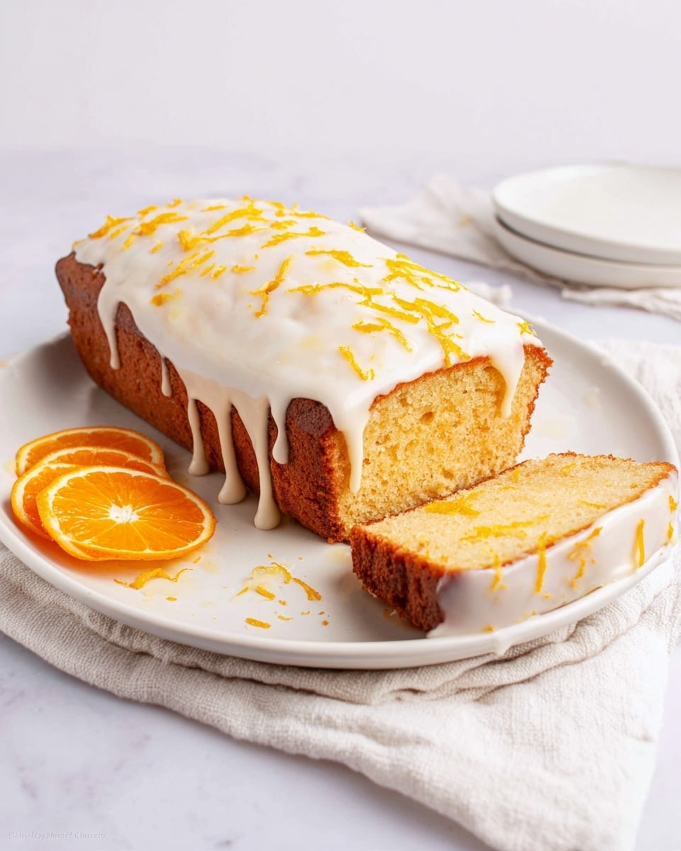A rectangular orange cake with a light brown crust sits on a white plate placed on a white marbled surface with a slightly crumpled cloth underneath. The cake has one long slice cut and placed slightly forward on the plate. The cake is topped with a thick layer of white icing that drips down the sides, with bright orange zest scattered on top of the icing and the cake slice. To the left of the cake, there are three small orange slices arranged in a fan shape. Photo taken with an iphone --ar 4:5 --v 7