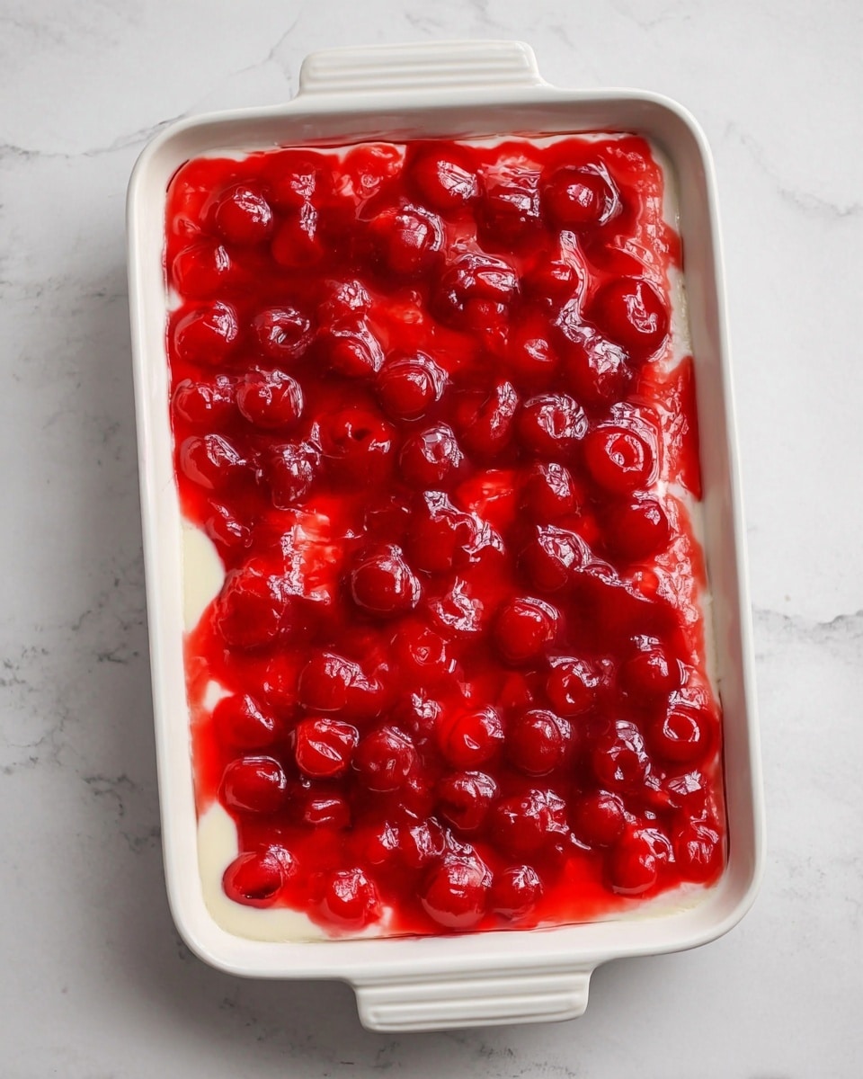 A rectangular white ceramic dish with handles on both sides, filled with a layered dessert. The top layer is a shiny, bright red cherry topping with whole cherries embedded in a thick, glossy gel. Beneath the red cherry layer, a smooth, creamy white layer is slightly visible around the edges. The dish sits on a white marbled surface. photo taken with an iphone --ar 4:5 --v 7