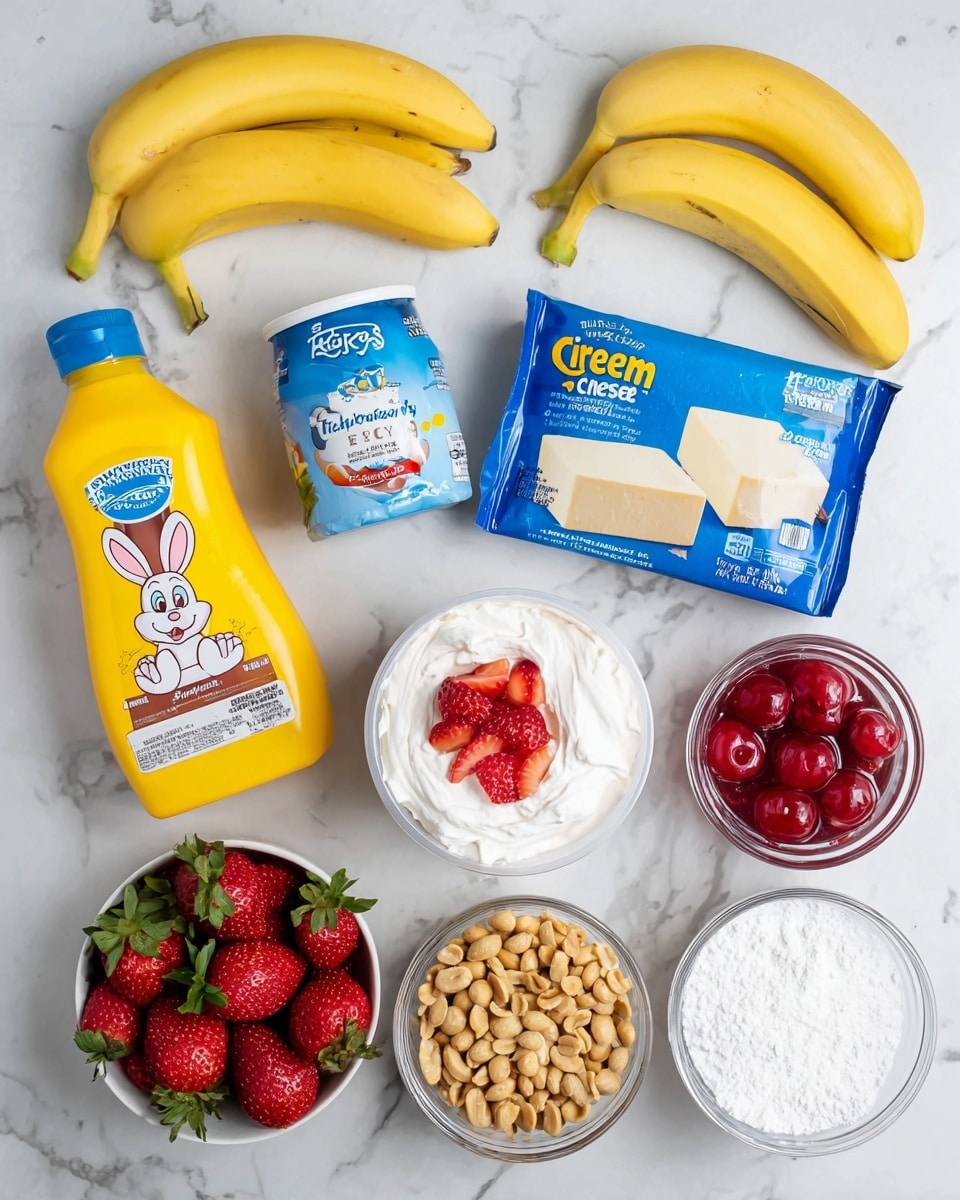 The image shows a collection of dessert ingredients arranged on a white marbled surface. At the top, there are three yellow bananas placed side by side. Below the bananas is a blue and white package of cream cheese with two blocks inside. To the left is a tall yellow bottle of chocolate syrup with a bunny mascot on the label. On the right, there is a glass jar of maraschino cherries with a blue lid. Centered below the cream cheese is a white container of whipped topping with strawberries pictured on the label. At the bottom left is a small white bowl filled with fresh red strawberries with green leaves. Adjacent to it is another small white bowl filled with roasted peanuts. Lastly, to the right of the peanuts is a white bowl filled with white powdered sugar, completing the neat and colorful layout photo taken with an iphone --ar 4:5 --v 7