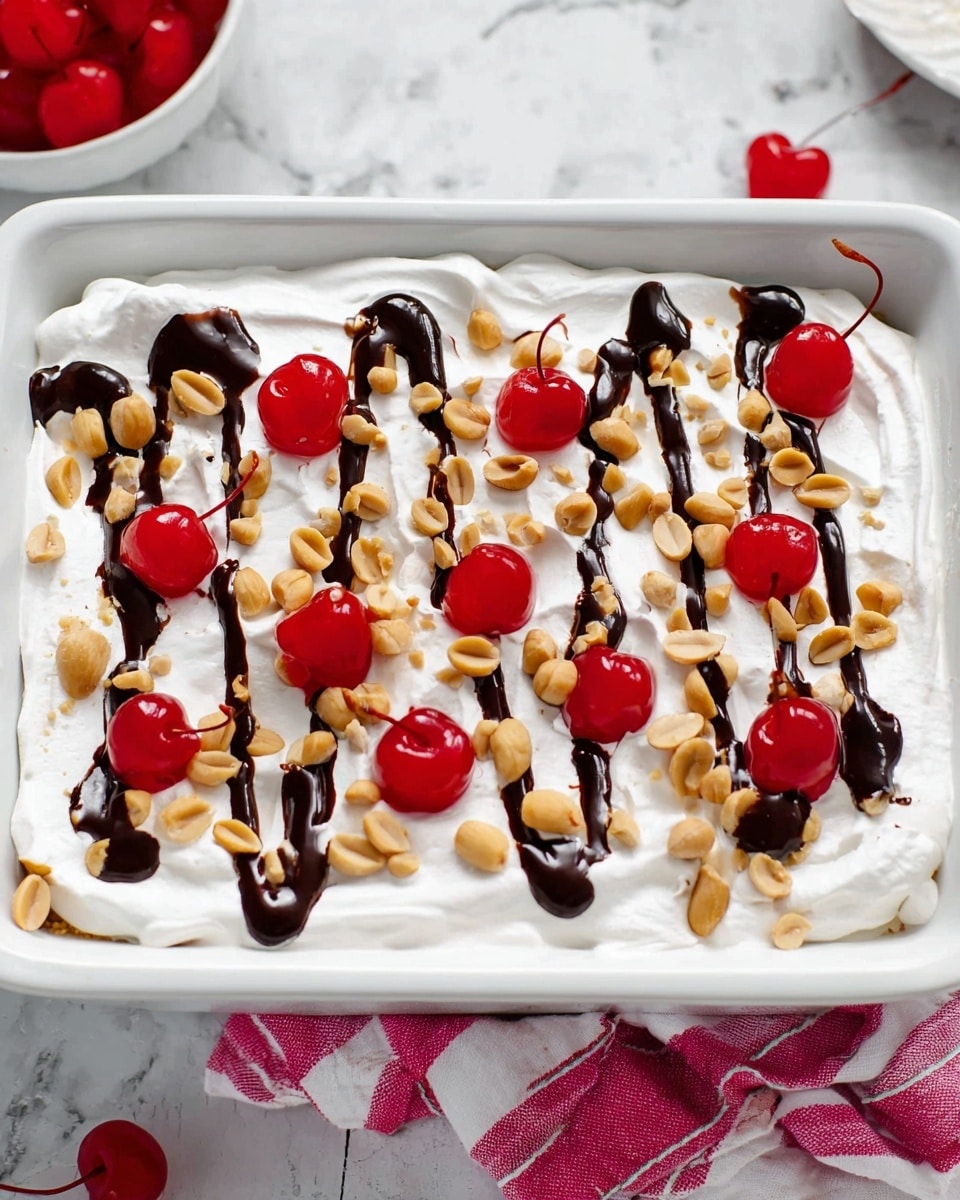 A white rectangular dish holds a dessert with a smooth, thick layer of white whipped cream as the base. On top, there are scattered whole bright red cherries evenly spread across the surface. Light brown peanuts are sprinkled around the cherries, creating a contrast in color and texture. Dark brown chocolate syrup is drizzled in vertical lines over the whipped cream, cherries, and peanuts, adding a glossy look to the dish. The background is a white marbled texture with a glimpse of red cherries in a white bowl and a striped pink cloth on the side. Photo taken with an iphone --ar 4:5 --v 7