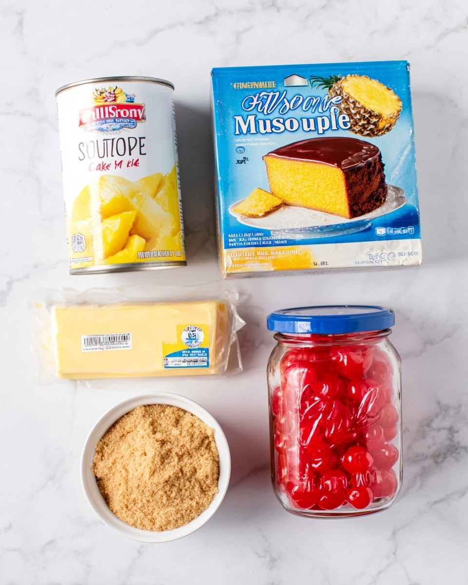 The image shows five baking ingredients arranged on a white marbled surface: a white can of unsweetened pineapple rings featuring yellow pineapples, a blue and yellow box of Pillsbury Moist Supreme yellow cake mix with a picture of a two-layer yellow cake with chocolate frosting, a stick of salted butter wrapped in beige paper, a clear glass jar filled with bright red maraschino cherries and a blue lid, and a white bowl filled with light brown crumbly brown sugar. photo taken with an iphone --ar 4:5 --v 7