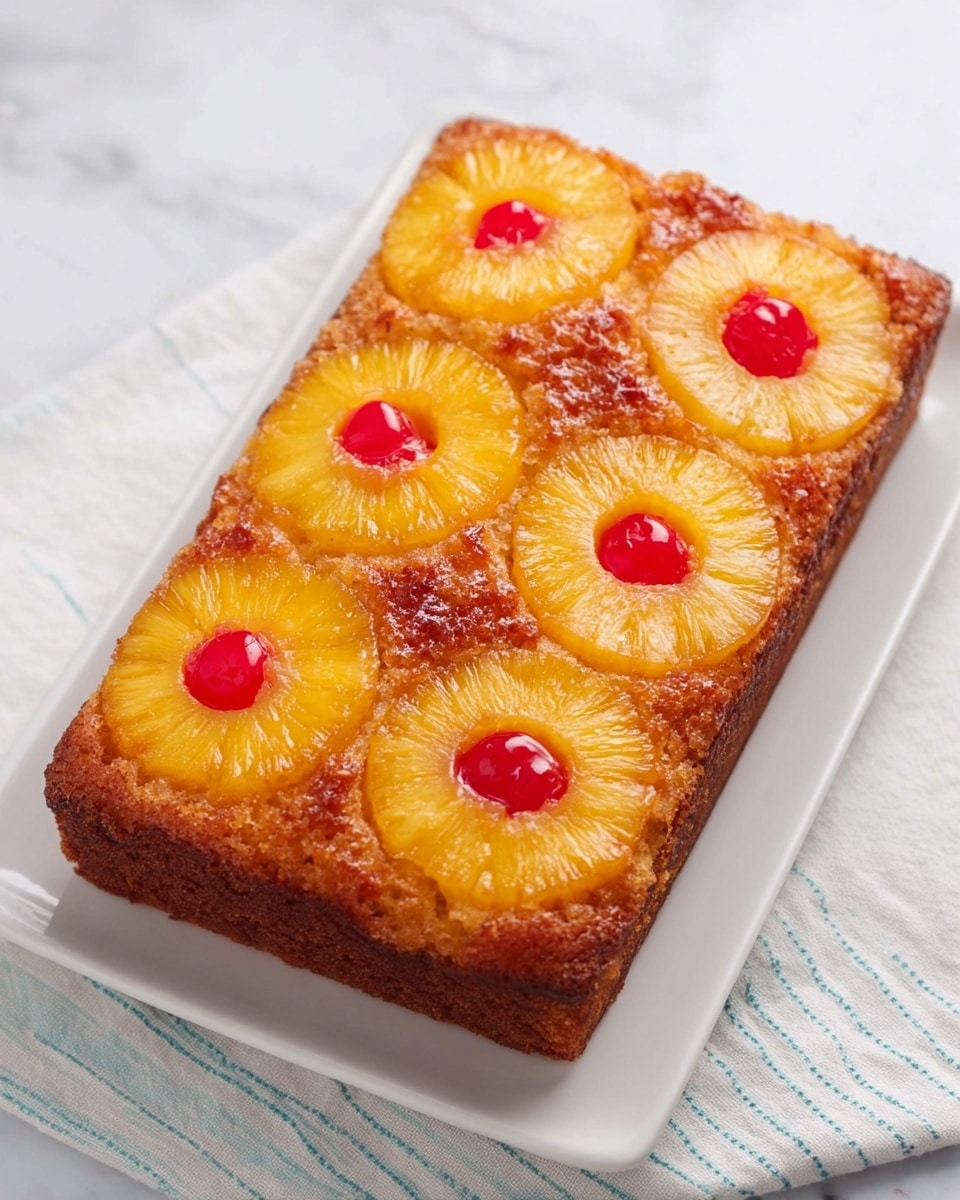 A rectangular cake sits on a white plate over a light cloth with stripes. The top layer of the cake has eight bright yellow pineapple rings arranged in two rows of four. Each pineapple ring has a small, shiny red cherry placed in the center. The top surface of the cake looks sticky and golden brown, with a slightly crumbly texture around the edges. The sides of the cake are darker brown and look baked and firm. The background features a white marbled texture. photo taken with an iphone --ar 4:5 --v 7