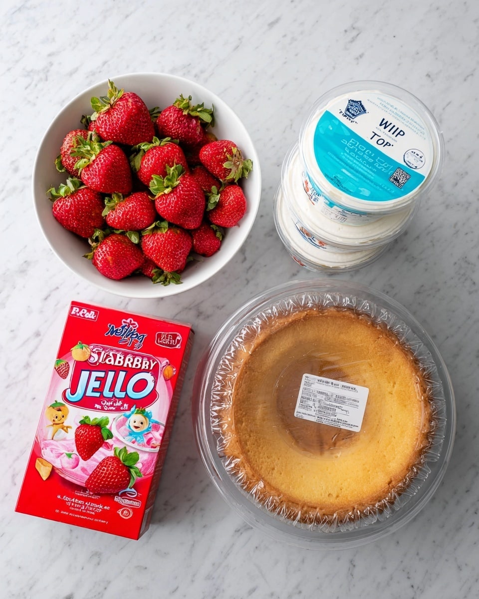 The image shows ingredients for a strawberry dessert arranged on a white marbled surface. There is a white bowl filled with bright red strawberries with green tops on the left side. On the right, there are two stacked containers of light blue labeled whipped topping. Below them is a round cake with a golden brown crust inside a clear plastic cover. On the bottom left, there is a red box of strawberry JELL-O with cartoon characters on it. The items are neatly spaced and the colors are vibrant. photo taken with an iphone --ar 4:5 --v 7
