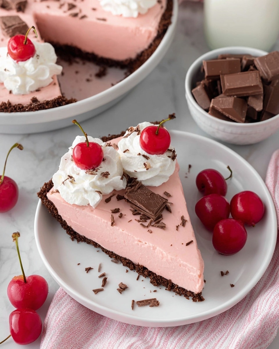 The image shows a slice of pink creamy pie on a white plate with a dark brown crumbly crust at the bottom layer. The top of the pie slice has a dollop of white whipped cream, a bright red cherry with a stem, and a small piece of milk chocolate. There are also sprinkles of chocolate shavings scattered lightly on the pink surface. Near the plate, there are two more fresh cherries and a small white bowl filled with square milk chocolate pieces. In the background, part of the full pie is visible with similar pink creamy filling, dark brown crust, whipped cream, cherries, and chocolate bits on top. The scene is set on a white marbled surface with a pink and white striped cloth nearby. Photo taken with an iphone --ar 4:5 --v 7