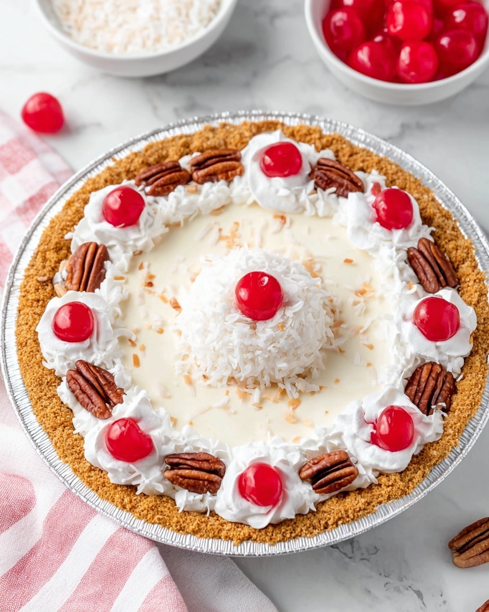 A creamy pie with a crumbly golden crust is set in a foil pan on a white plate. The filling is light and smooth with a thick layer, topped with a ring of whipped cream dollops around the edge. Inside the whipped cream circle, there is a pattern of whole bright red cherries and brown pecan halves alternating in a ring. At the center of the pie, there is a mound of white shredded coconut with a single cherry on top. The pie and bowls with extra cherries and coconut rest on a white marbled surface with a pink and white striped cloth nearby. Photo taken with an iphone --ar 4:5 --v 7