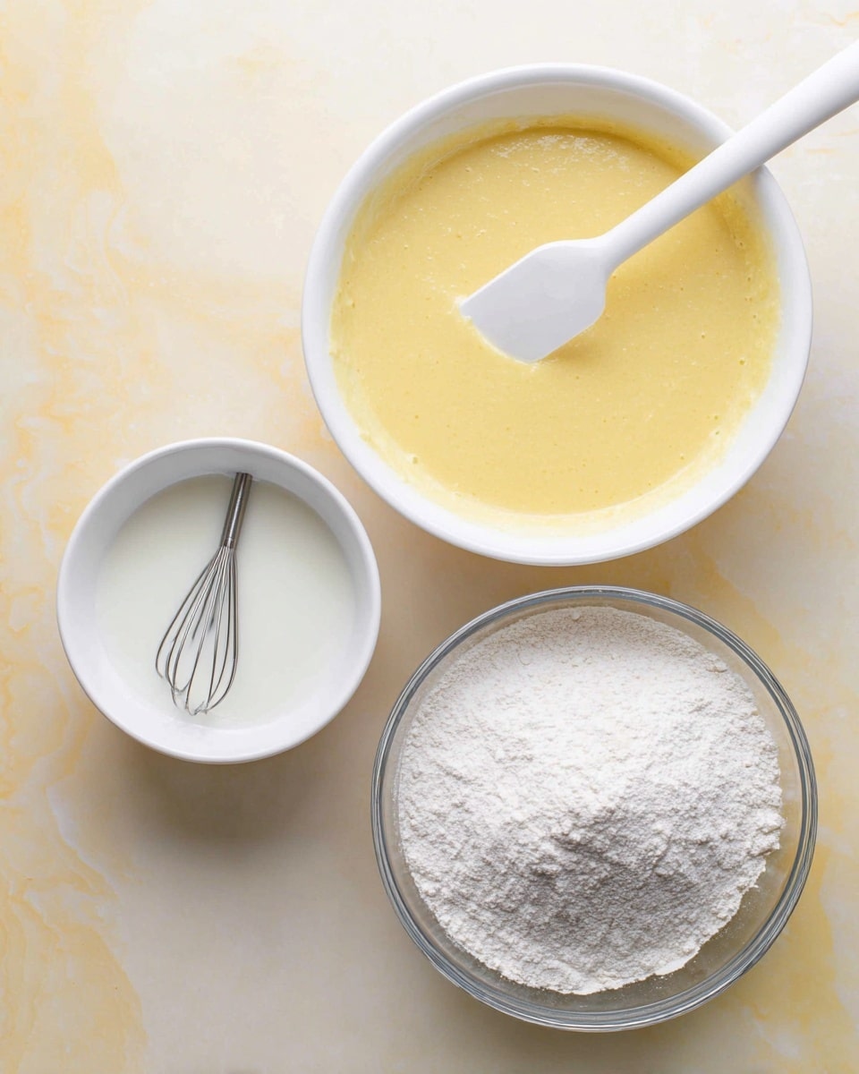 The image shows several baking ingredients arranged neatly on a white marbled surface. On the left, a white bowl holds a small amount of light brown liquid next to a small pile of white powder labeled