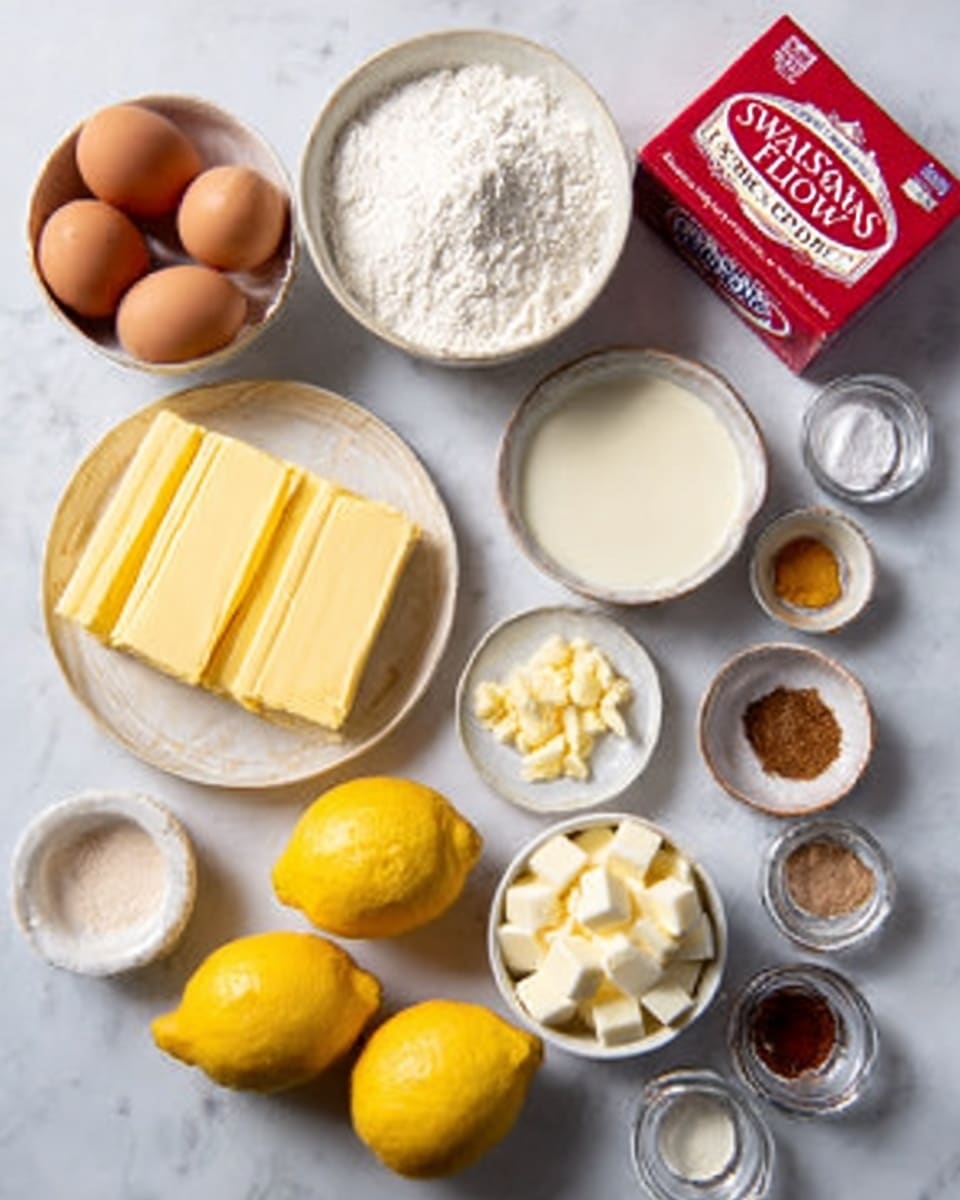 The image shows baking ingredients neatly arranged on a white marbled surface. There are three brown eggs in a small white bowl on the top left, a larger white bowl filled with white powdery flour next to it, and a red box of Swans Down cake cake flour on the top right. Near the center, there is a white plate with several rectangular pieces of yellow butter, and next to it a small white bowl with a white liquid. Below, three yellow lemons are placed side by side, and a white bowl with small white cubes, likely white chocolate, is on the right. Around the edges, there are small glass containers with spices and flavorings, and small white dishes with brown and white powders. The items are well spread out and the colors range from white, yellow, brown, and red. Photo taken with an iphone --ar 4:5 --v 7