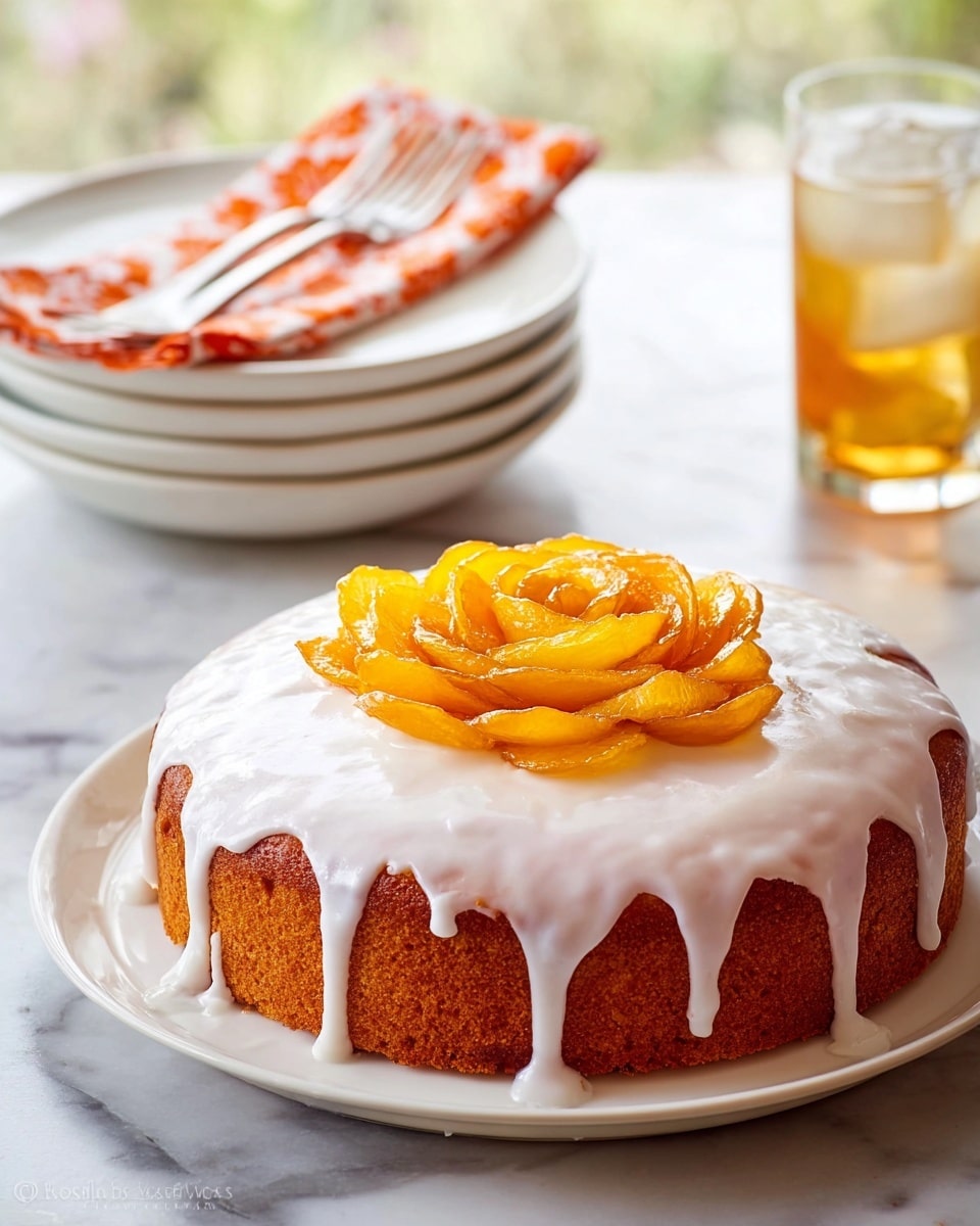 A single-layer round cake with a golden brown color is placed on a white plate, covered with white icing that drips down the sides unevenly. On top, there is a decorative swirl of thin, glossy, amber-colored slices arranged in a rose shape. Behind the cake, there is a white marbled surface with blurred stacked white plates holding orange patterned napkins and forks, and a clear glass with a cold drink. The photo taken with an iphone --ar 4:5 --v 7