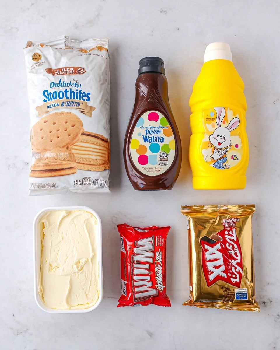 The image shows six food items arranged on a white marbled surface in two rows. The top row has three products side by side: a white bag of Dublin shortbread cookies on the left with a light brown biscuit image, a brown bottle of caramel syrup in the center with colorful dots on the label, and a yellow bottle of Nesquik chocolate syrup on the right with a cartoon bunny on the label. Below them, in the second row, from left to right, there is a white tub of Great Value vanilla bean ice cream with scoops visible through a clear lid, a small red and cream wrapper of salted sweet cream butter next to the ice cream, and a shiny gold bag of Twix minis with red and white text on the right. All items are neatly placed and clearly visible. photo taken with an iphone --ar 4:5 --v 7