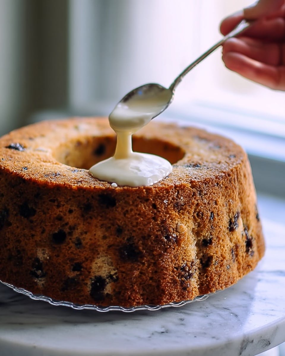 A round, single-layer bundt cake with a golden brown color and dark brown spots from raisins or chocolate chips is placed on a white marbled surface. A woman's hand holds a spoon above the cake, pouring a light yellow, creamy sauce onto the top center of the cake. The cake sits on a white plate with a slightly raised edge. Bright natural light comes through a window in the background. Photo taken with an iphone --ar 4:5 --v 7