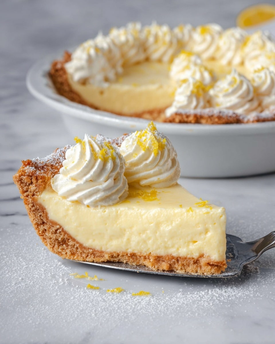 A slice of pie sits on a white marbled surface with a metal pie server under it. The pie has three main layers: a golden-brown crust at the bottom and edges, a thick creamy pale yellow filling in the middle, and on top, two neat swirls of white whipped cream with small bright yellow zest sprinkled on and around them. In the background, the rest of the pie is in a white dish, showing more whipped cream swirls along the edge of the crust. The crust is slightly dusted with white powdered sugar. Photo taken with an iphone --ar 4:5 --v 7